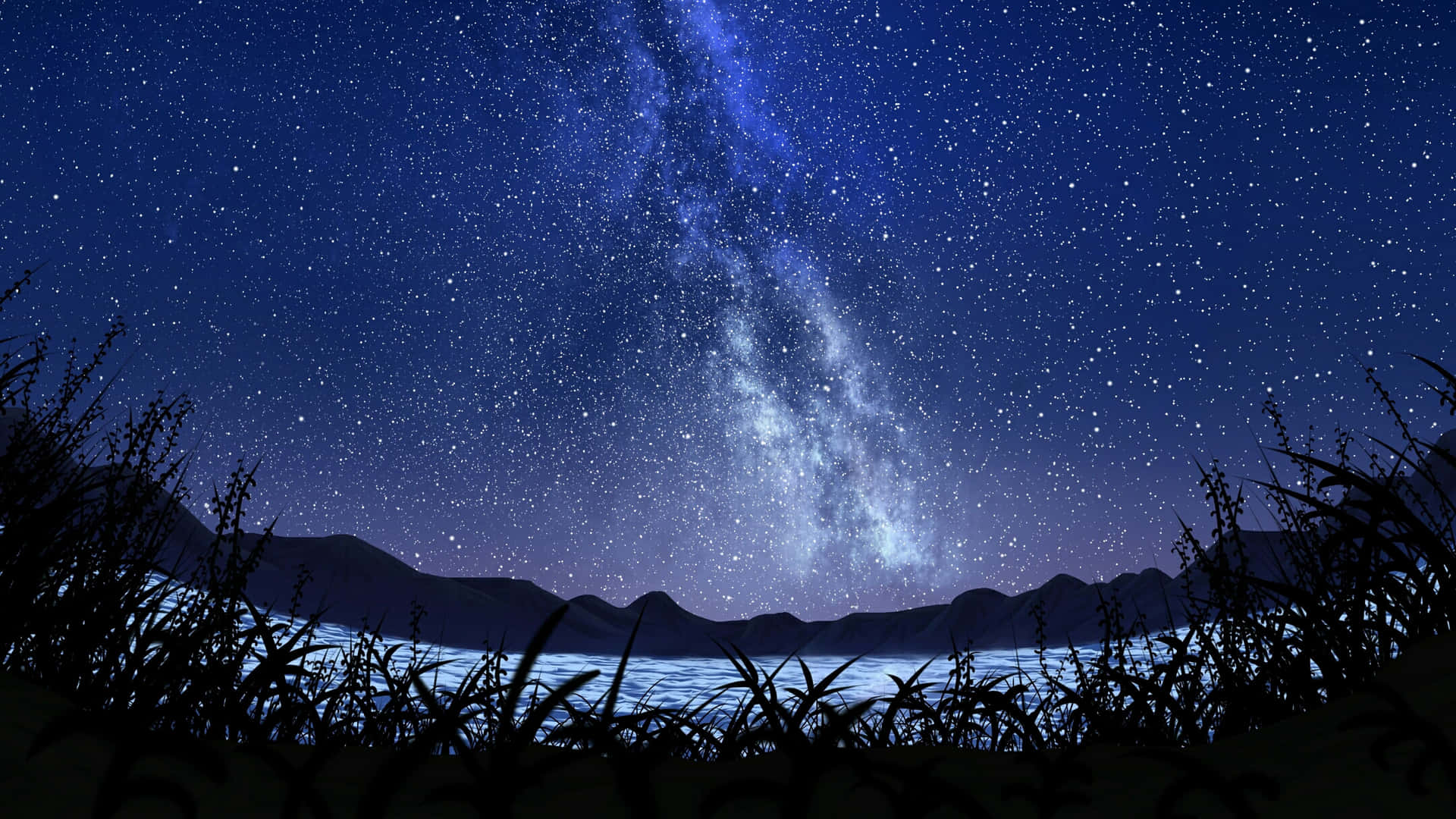 夜晚山湖上的銀河系，帶有草剪影