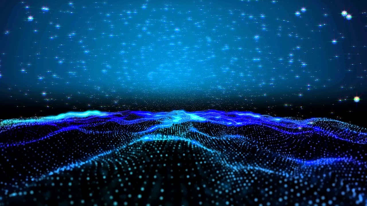 星空與藍色海洋背景 壁紙 — 發光藍色粒子的數位景觀在星空宇宙天空下形成起伏的波浪。