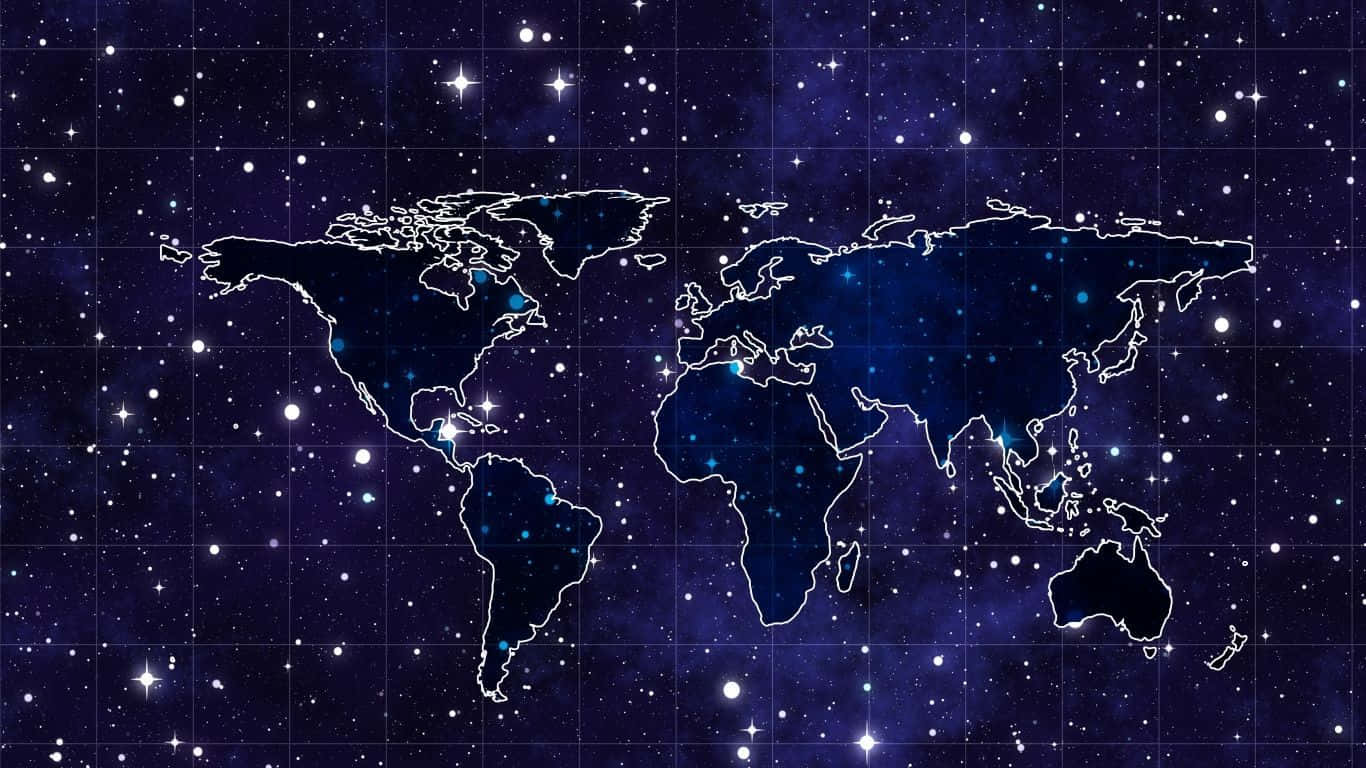 帶有發光世界地圖輪廓和網格線的星空夜空。
