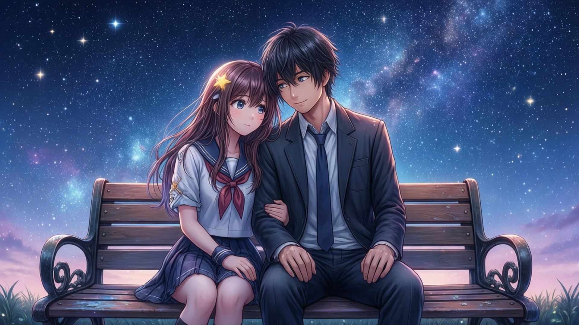 星空長椅 壁紙 — 一對年輕的動漫情侶在公園長椅上緊靠著坐，背景是充滿活力的星空夜空和發光的銀河。