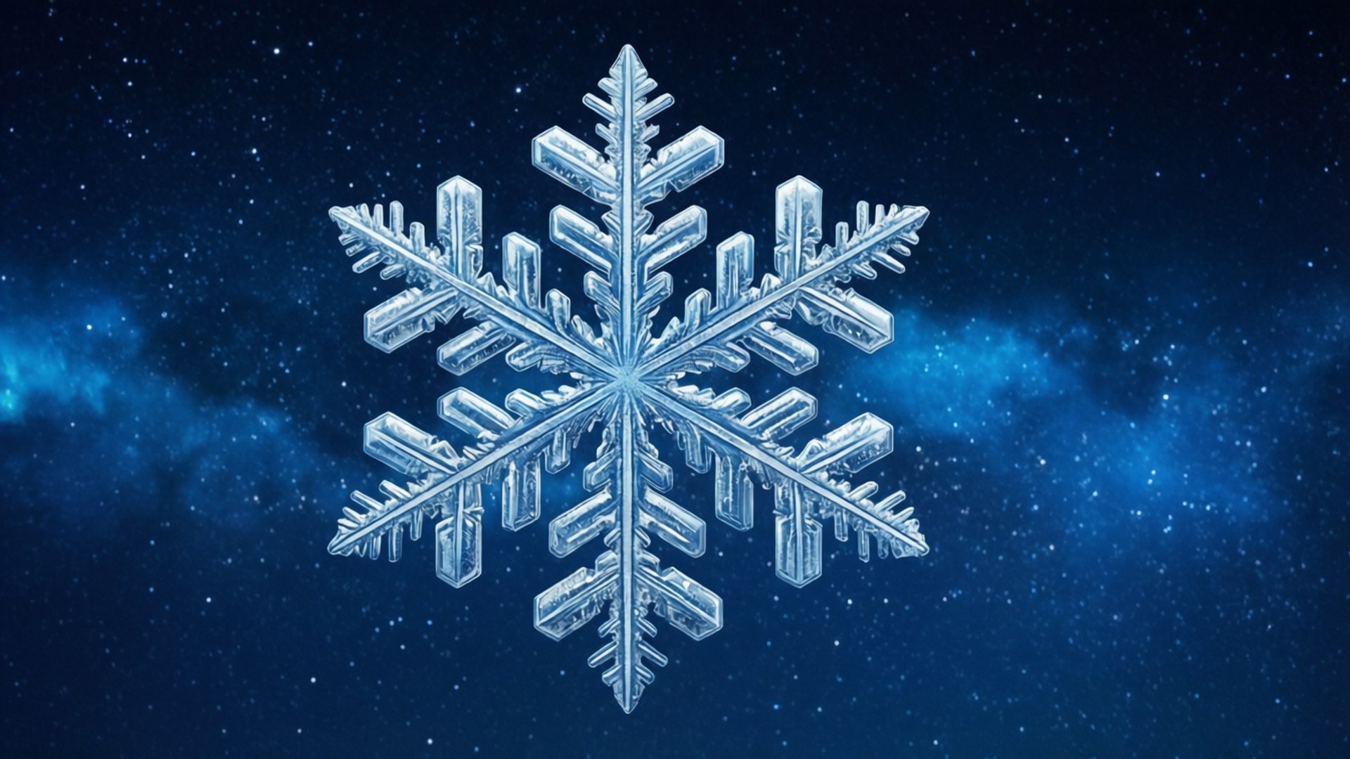 一片精細的雪花漂浮在帶有星雲的星空藍色宇宙天空中。