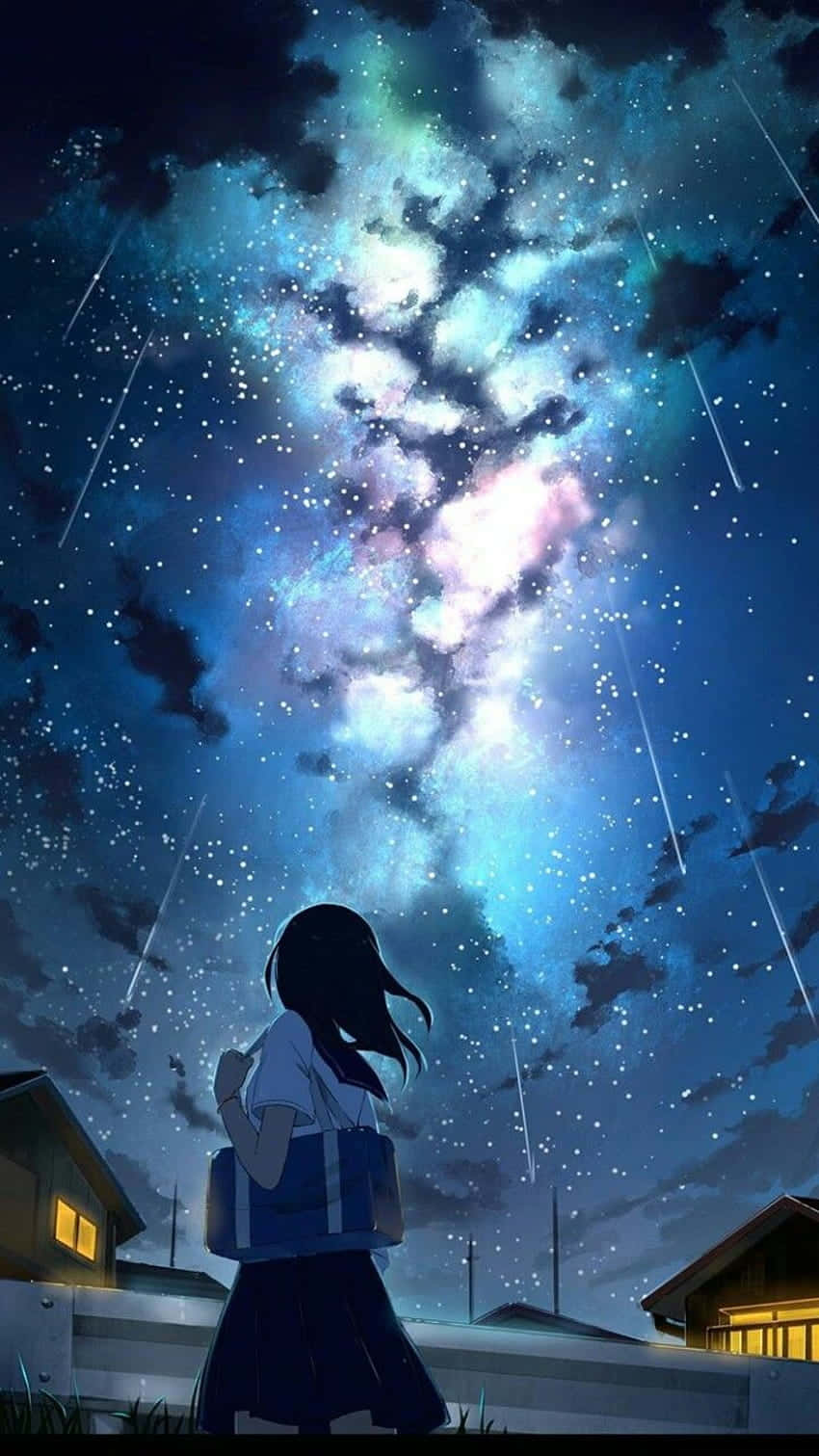 穿著校服的動漫女孩在夜晚觀看房屋上方的流星和星雲。