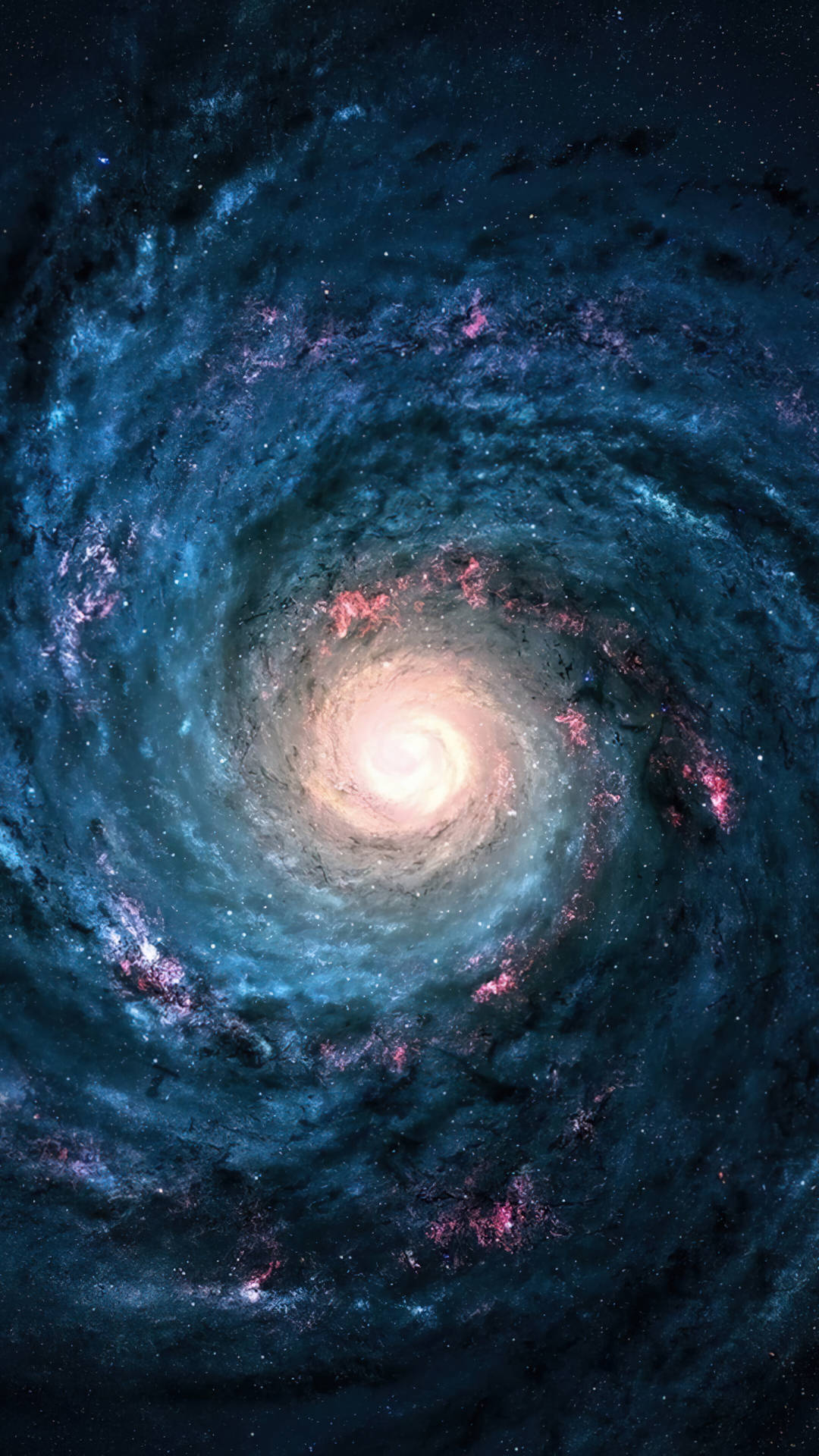一個旋轉的螺旋星系，在繁星點點的黑色背景上帶有發光的粉紅色和藍色星雲。