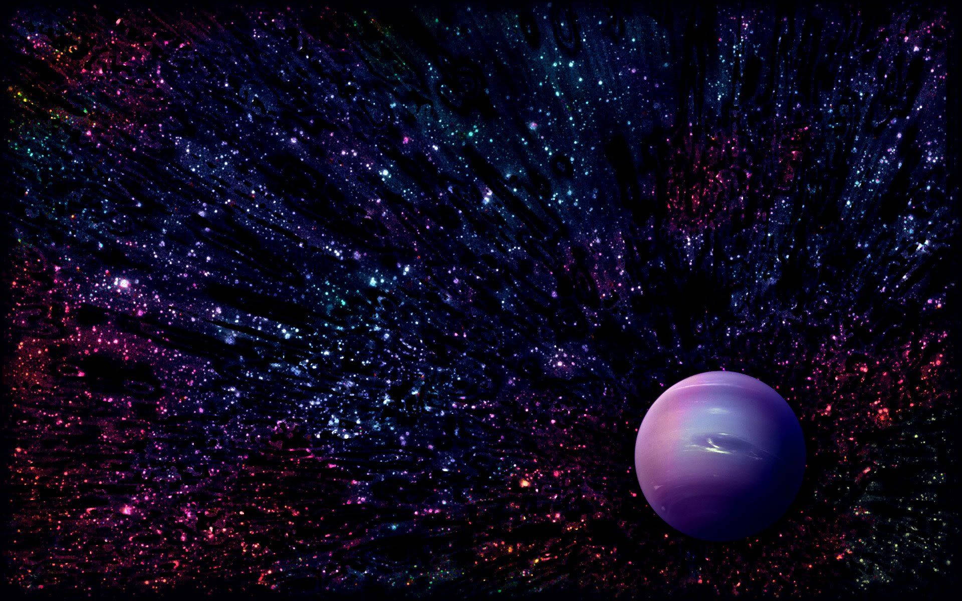 星系中的海王星 壁紙 — 一顆發光的紫色行星漂浮在充滿粉紅色、藍色和星光的充滿活力的宇宙星雲中。