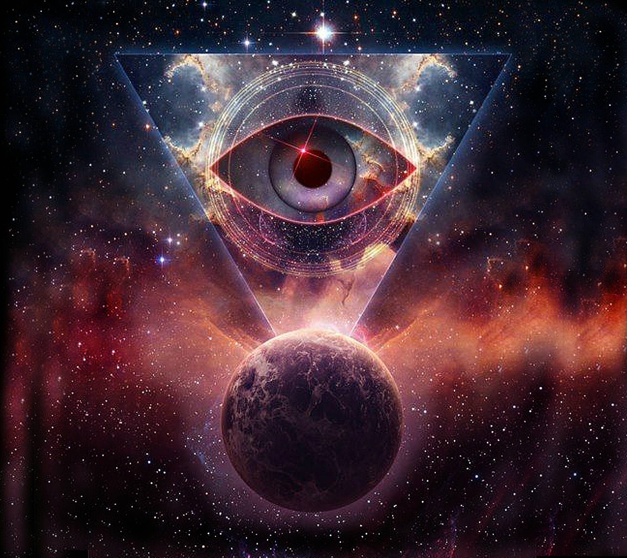 星系中的異常之眼 壁紙 — 一個發光三角形內的宇宙之眼，在充滿活力的星雲和星星中守護著一顆行星。