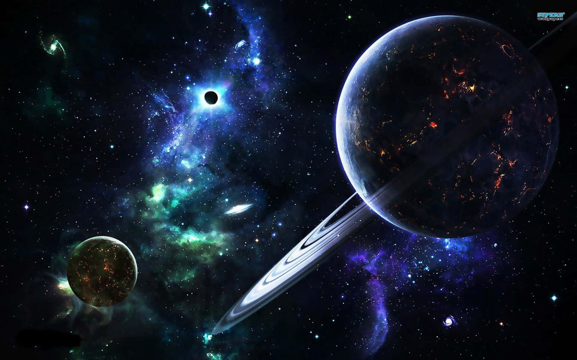 一個帶有發光噴發的環狀行星漂浮在星雲和遙遠恆星附近。