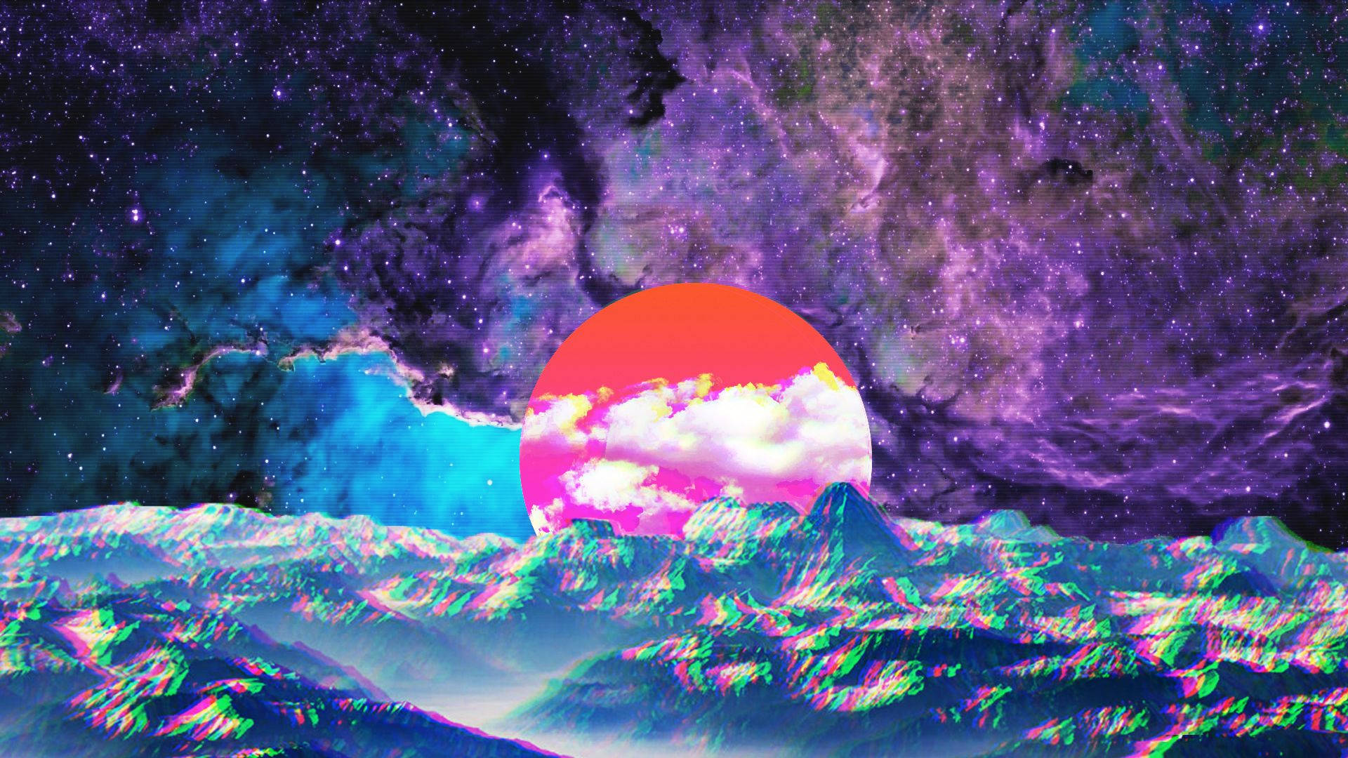 星系主題桌面美學 壁紙 — 超現實的宇宙日落，發光的橙色太陽位於鋸齒狀山脈之後，天空是充滿活力的紫色和藍綠色星雲。
