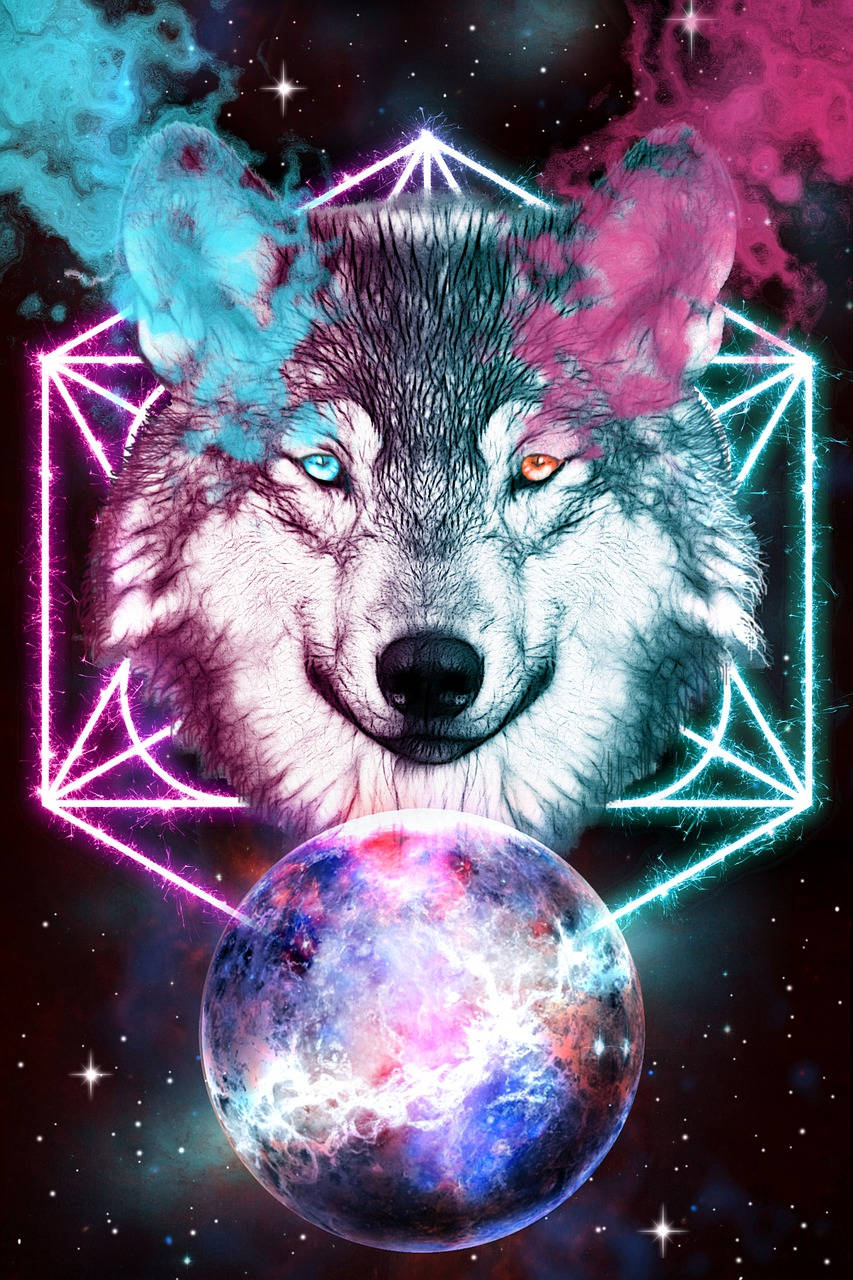 星系五芒星與煙霧狼圖像 壁紙 — 一隻神秘嘅狼，有發光嘅眼睛同宇宙毛皮，喺一個霓虹幾何框架上面，凝視住一個旋轉嘅銀河球體。