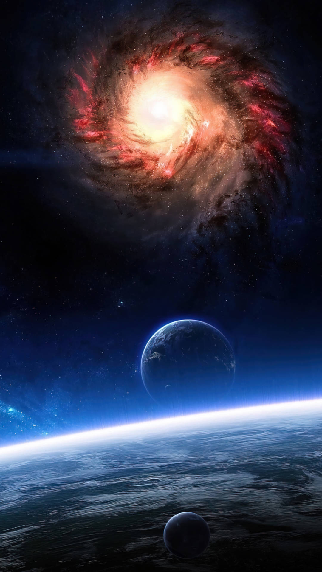 一個螺旋星系位於一個有兩個衛星的藍色行星之上的景象