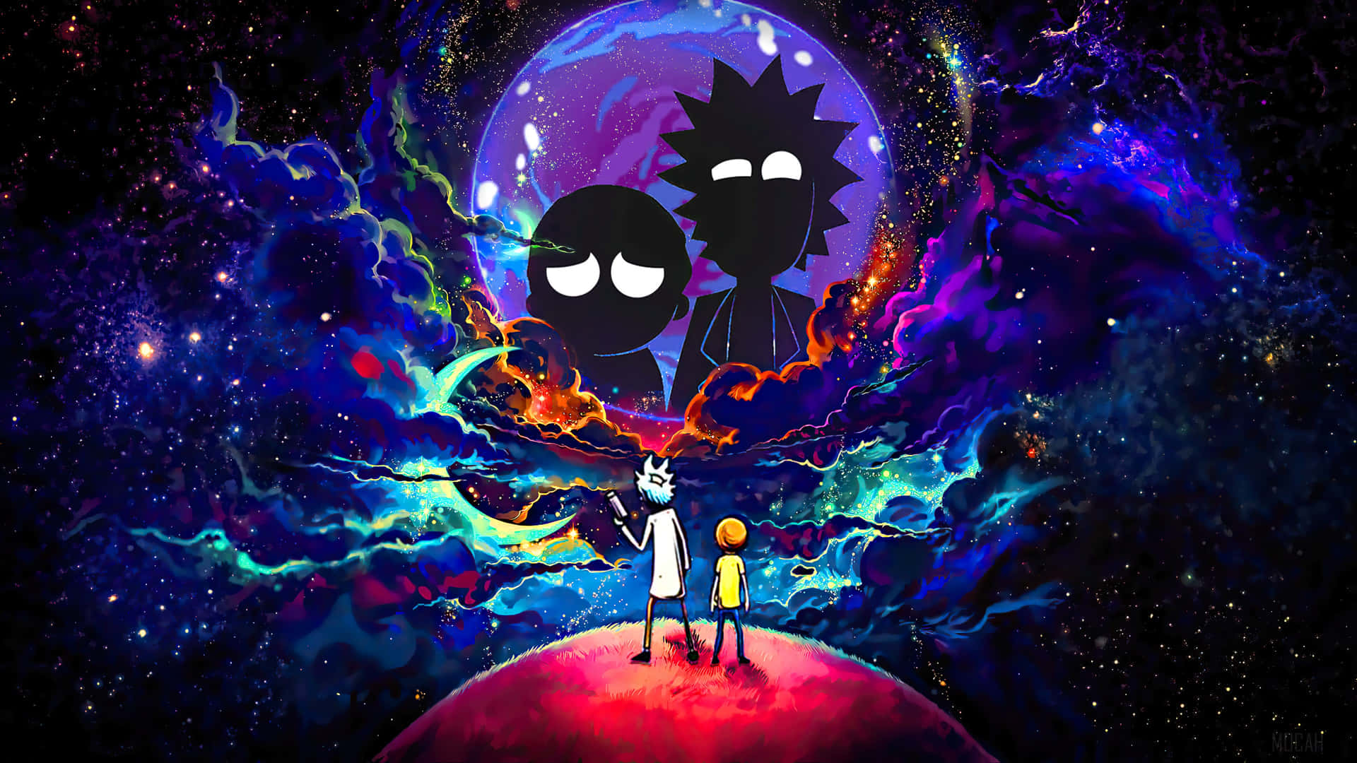 Rick同Morty企喺紅色星球上，望住色彩繽紛星雲中嘅巨大外星人剪影。