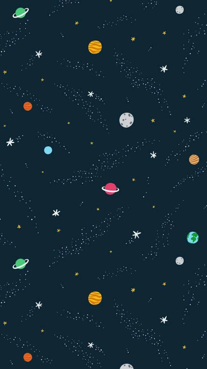 星系可愛暗黑少女風 壁紙 — 一個充滿活力的卡通風格太空場景，色彩繽紛的行星、星星和宇宙塵埃，背景是深海軍藍色。