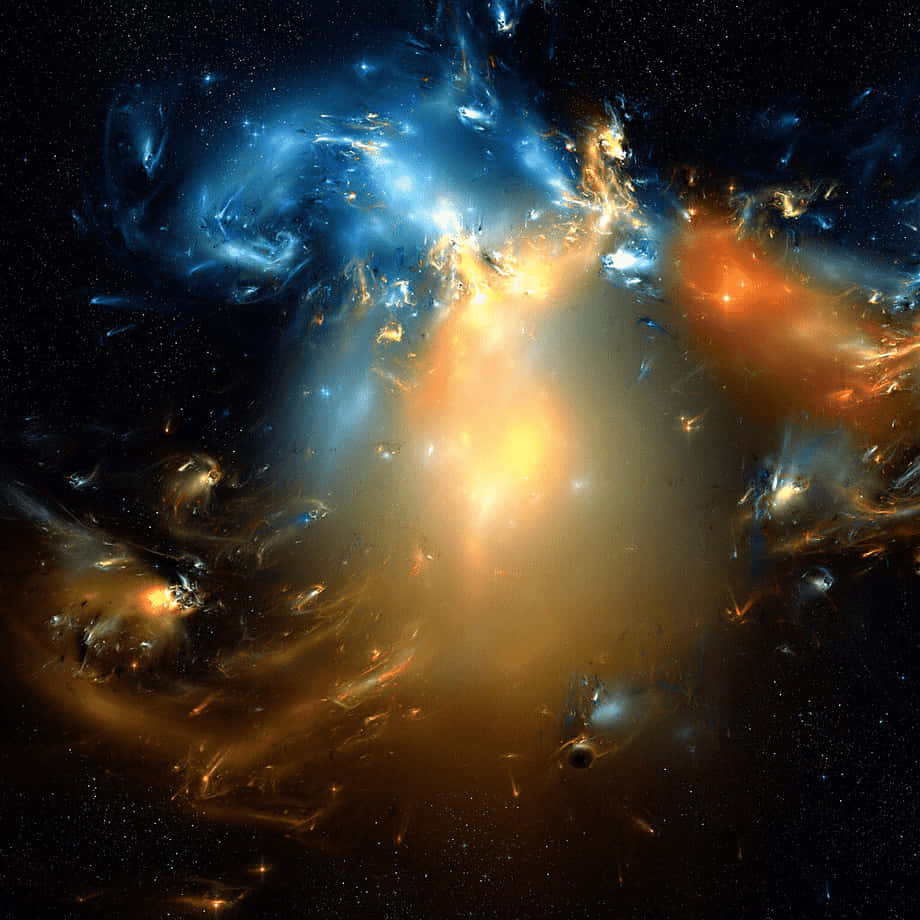 在繁星點點的黑色虛空中，星系宇宙碰撞呈現鮮豔的藍色和橙色。