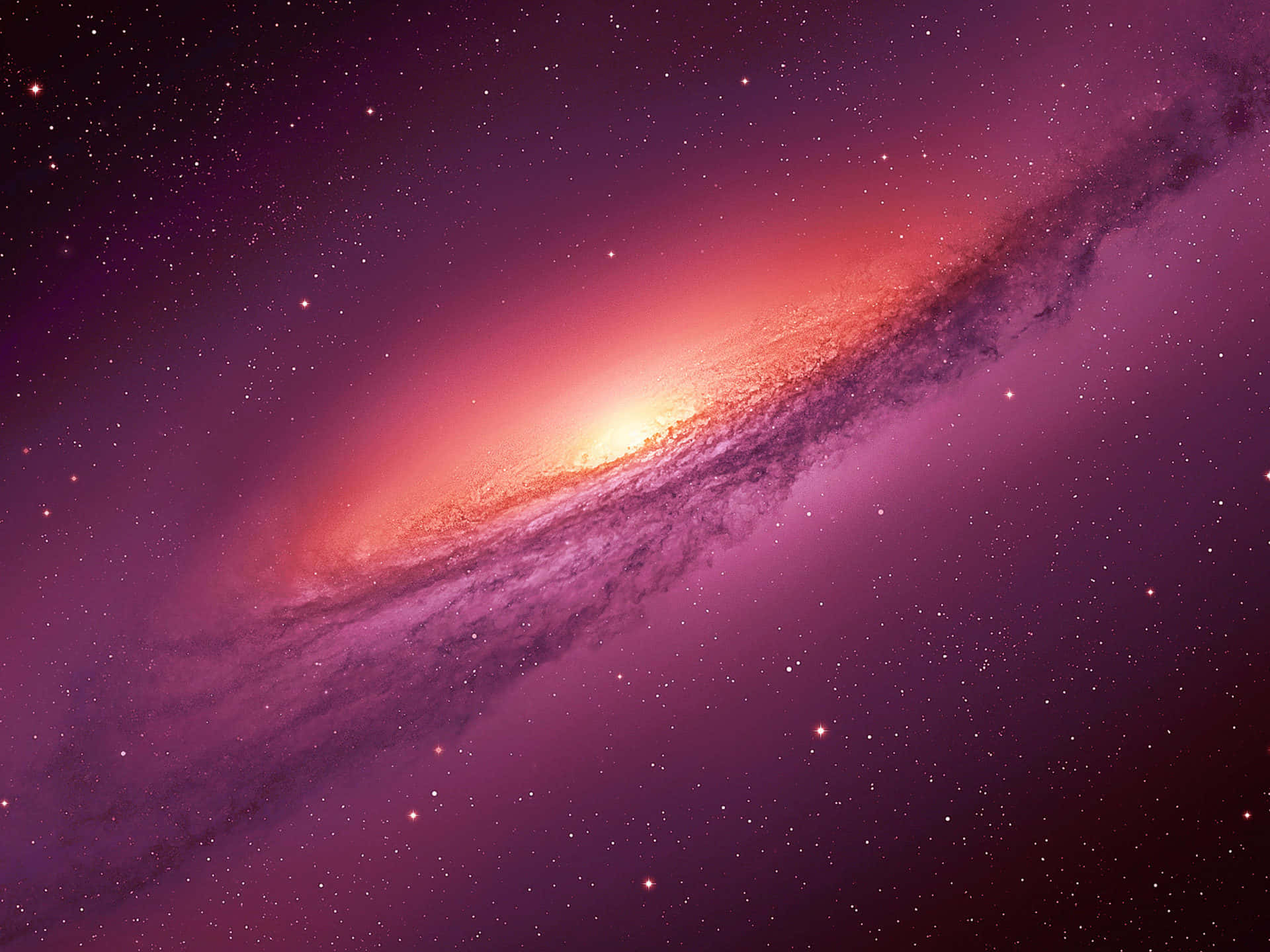 一個充滿活力的螺旋星系，具有橙色核心和充滿星星的紫色旋臂。