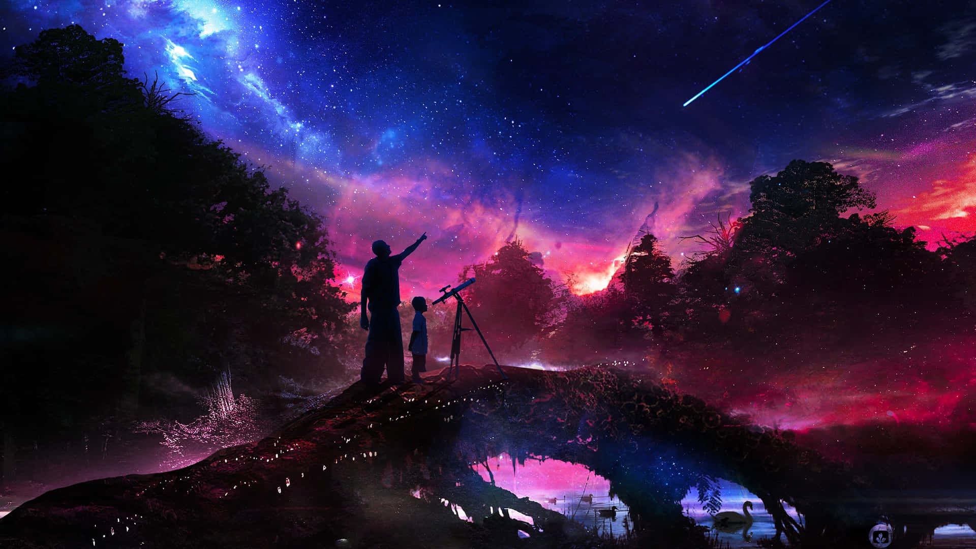 夜晚喺森林橋上，父親同孩子透過望遠鏡睇流星。