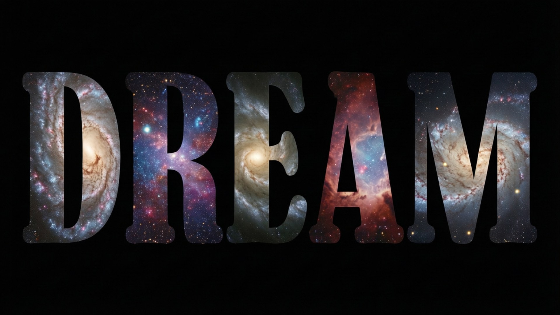 「DREAM」呢個字喺黑色背景上充滿星系同星星。