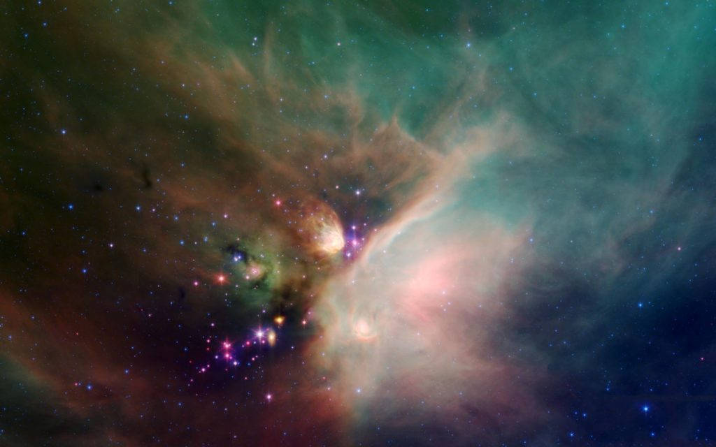 充滿活力的宇宙星雲，帶有旋轉的青綠色、粉紅色和橙色雲團及閃爍星星。