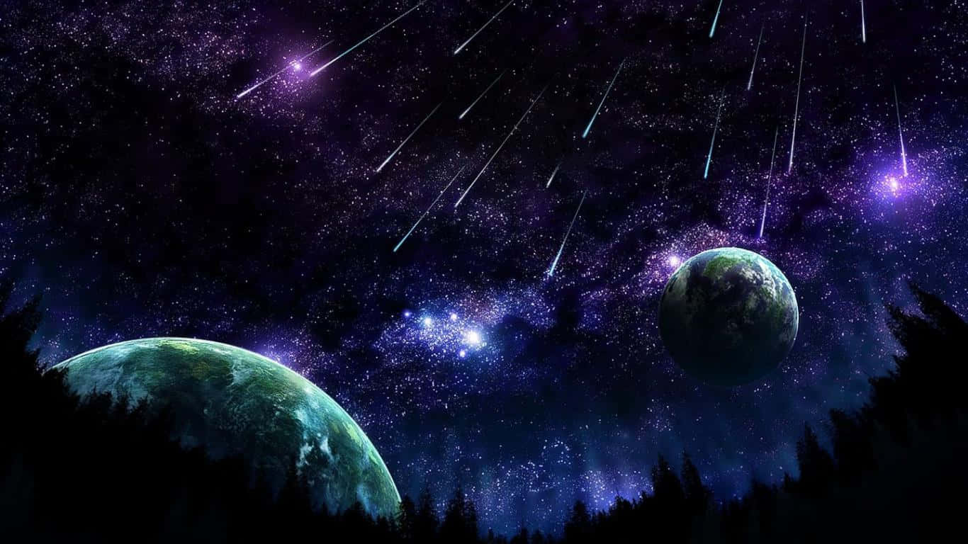 星系數位藝術 1366x768 顯示器背景 壁紙 — 兩顆發光的行星漂浮在繁星點點的紫色天空中，流星掠過森林的剪影。