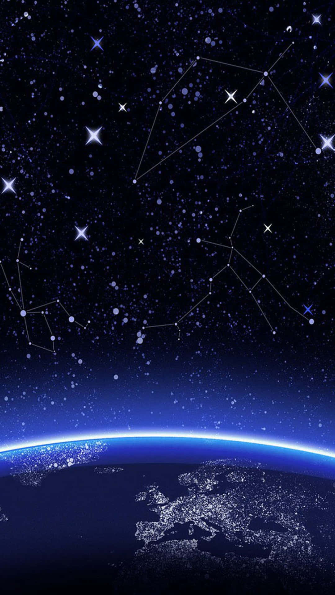 從太空觀看地球，城市燈光與帶有星座的星空。
