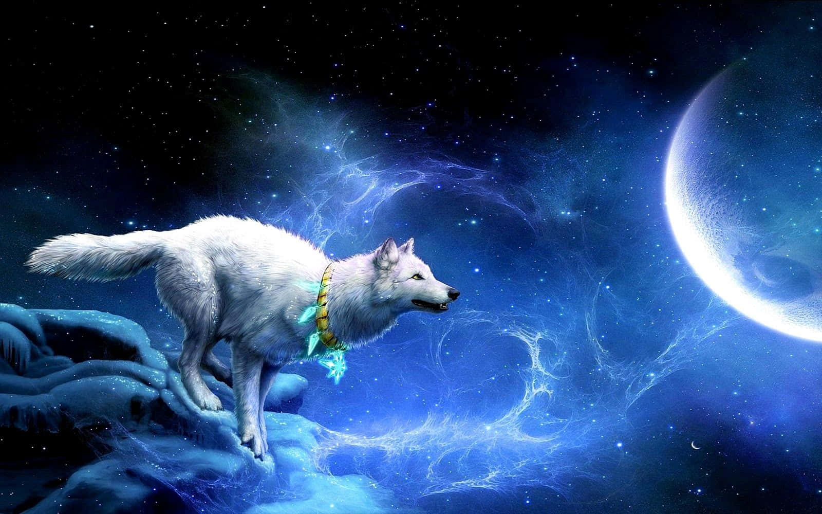 白狼在宇宙懸崖上觀看星雲星空中閃耀的月亮。
