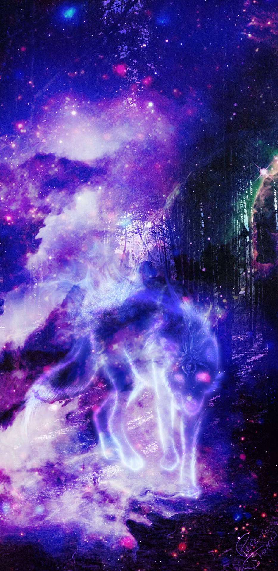 在宇宙森林中，一頭發光的狼與閃爍的星星和星雲。 — 銀河狼 壁紙