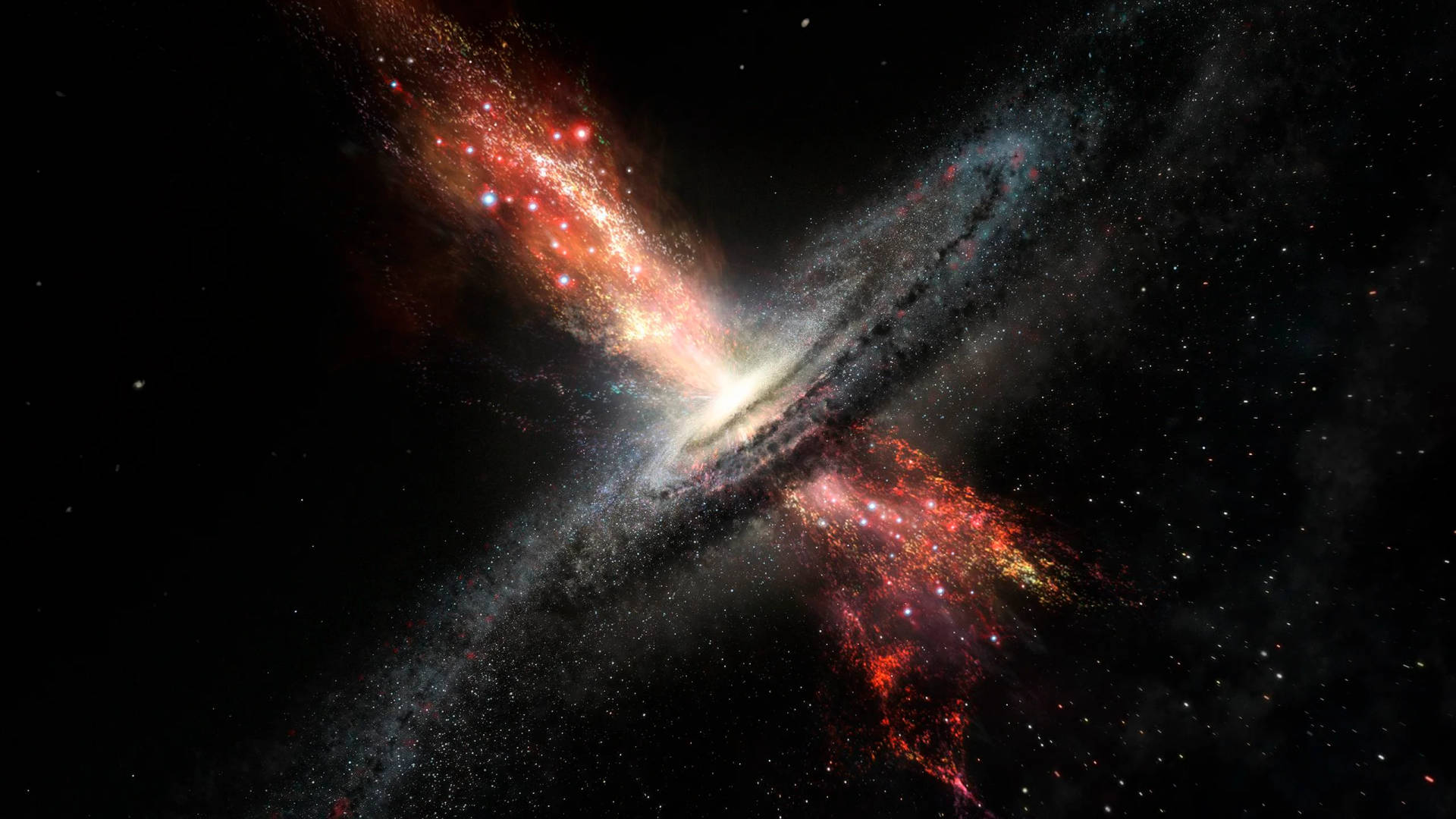 一個充滿活力的螺旋星系，紅色和橙色星雲從其核心在深空中爆炸。