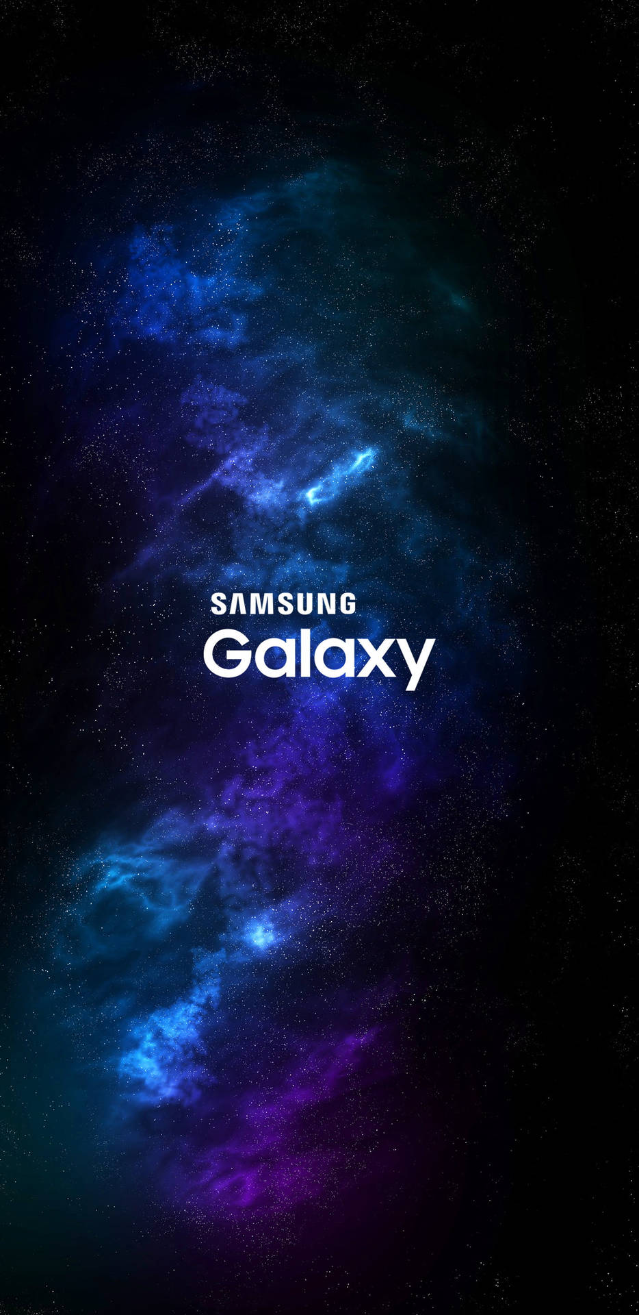 充滿活力的藍色和紫色星雲，帶有星星和中央的Samsung Galaxy文字。 — 三星 壁紙