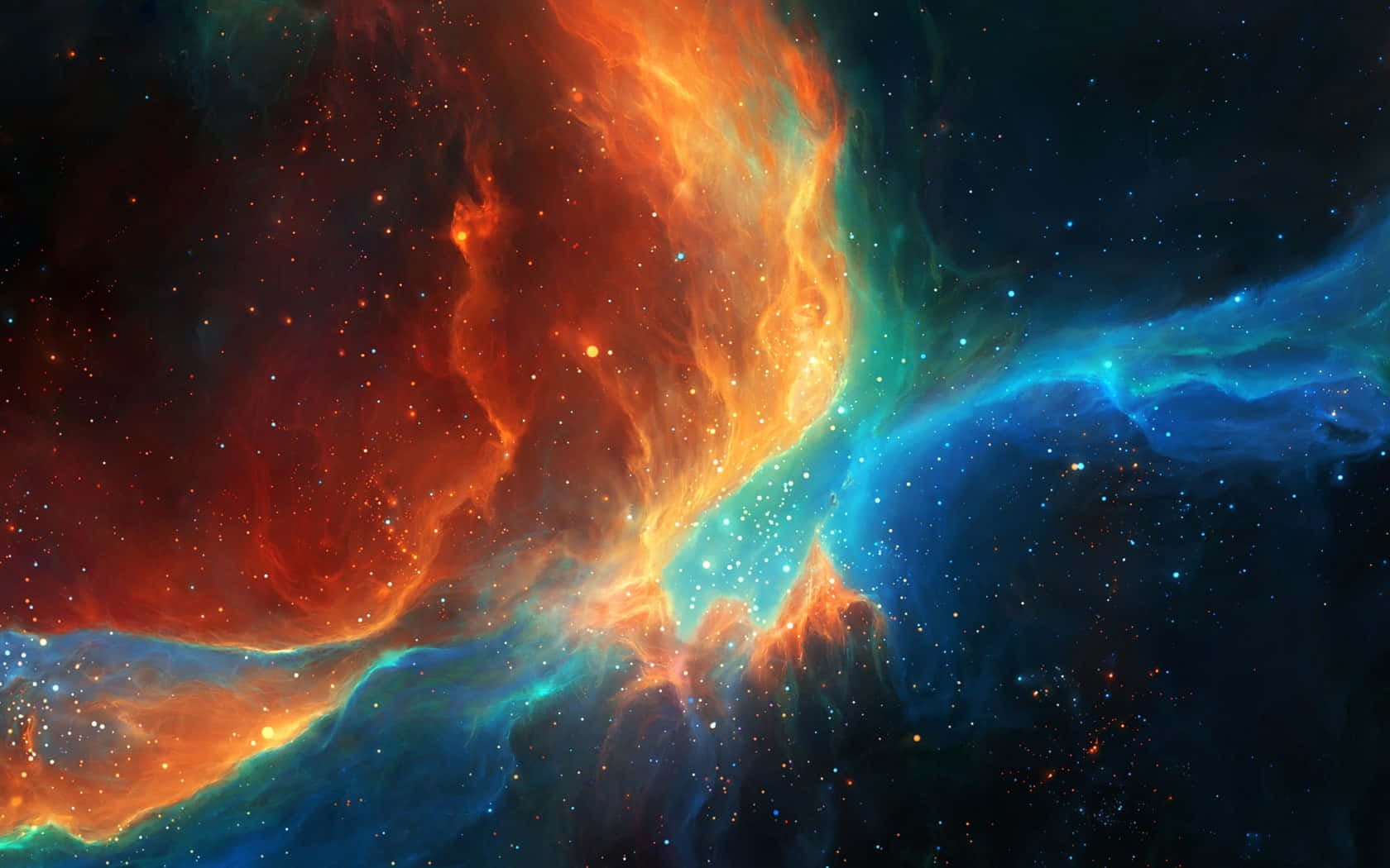 色彩繽紛的宇宙星雲，帶有旋轉的橙色和藍色氣體以及散落的星星。