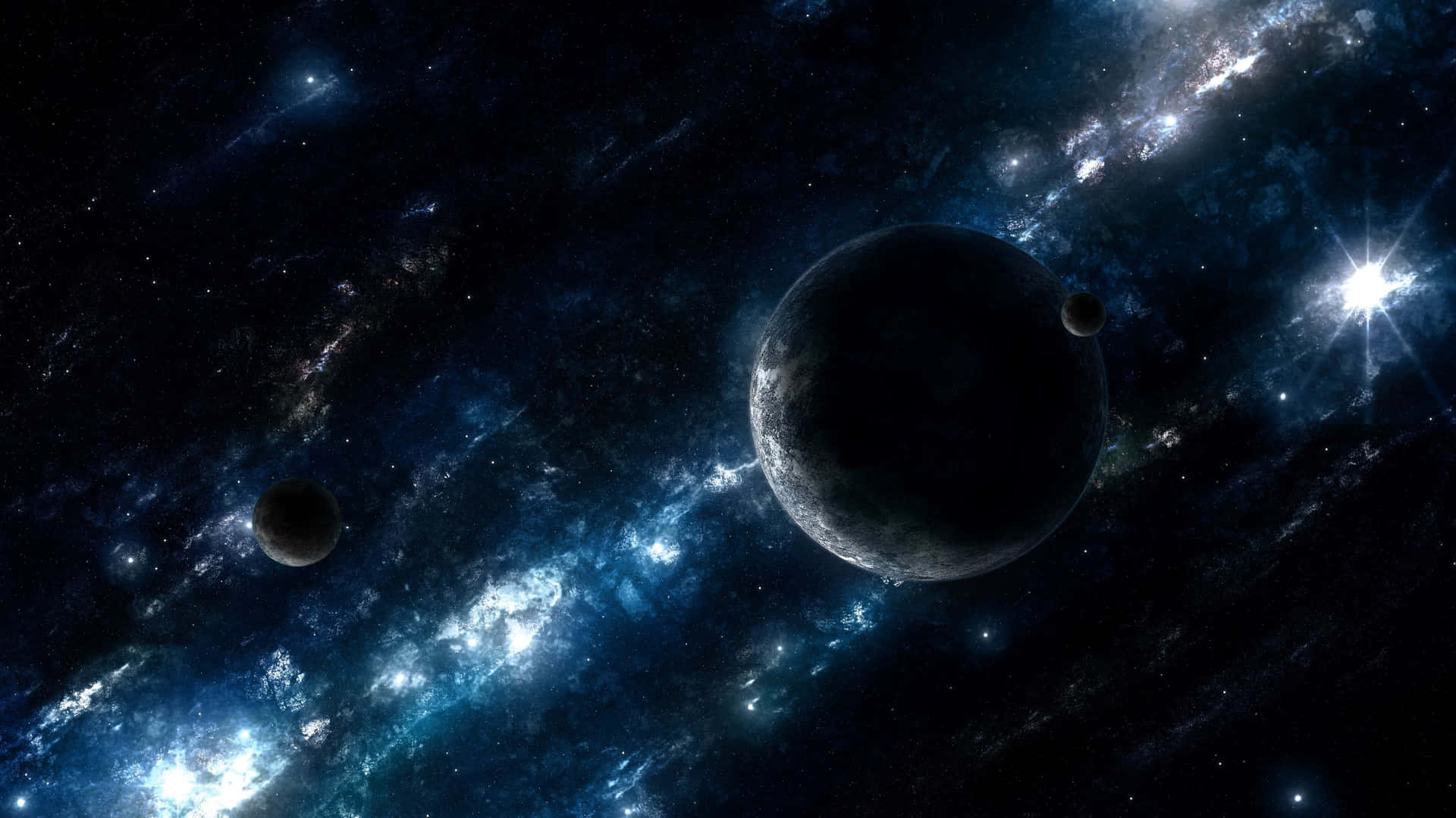 在充滿星星的發光藍色星雲中，帶有衛星的黑暗行星。