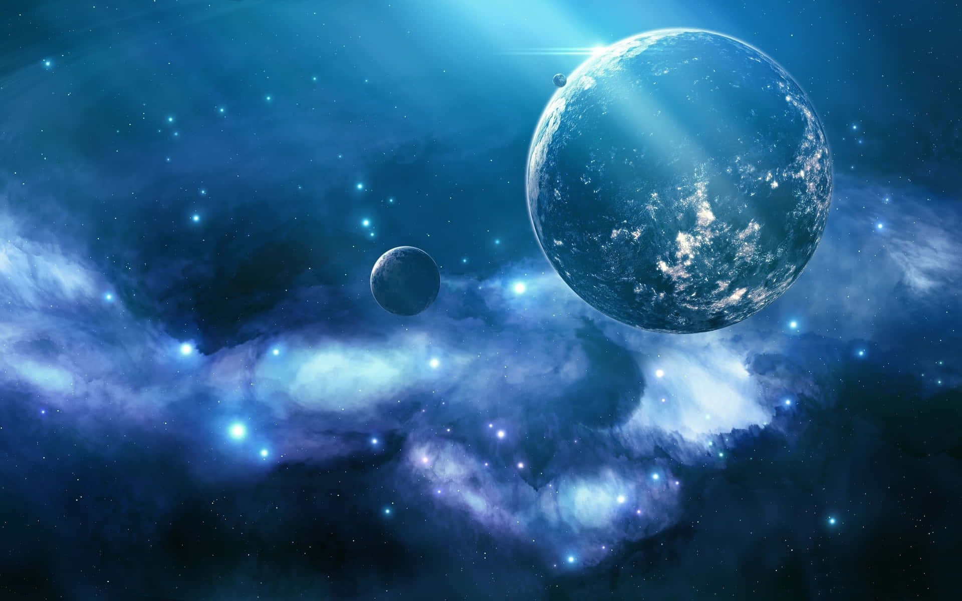 一顆藍色行星和月亮在充滿星星的發光星雲中運行。