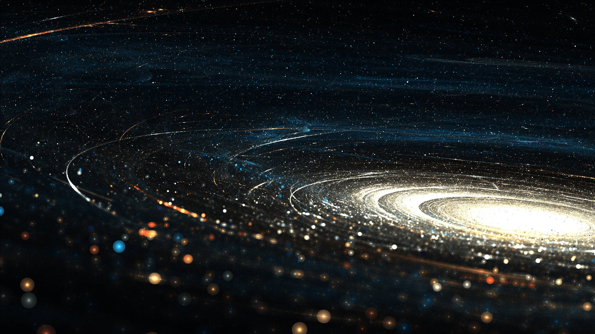 一個螺旋星系，具有明亮的核心和充滿星星和宇宙塵埃的旋轉臂。