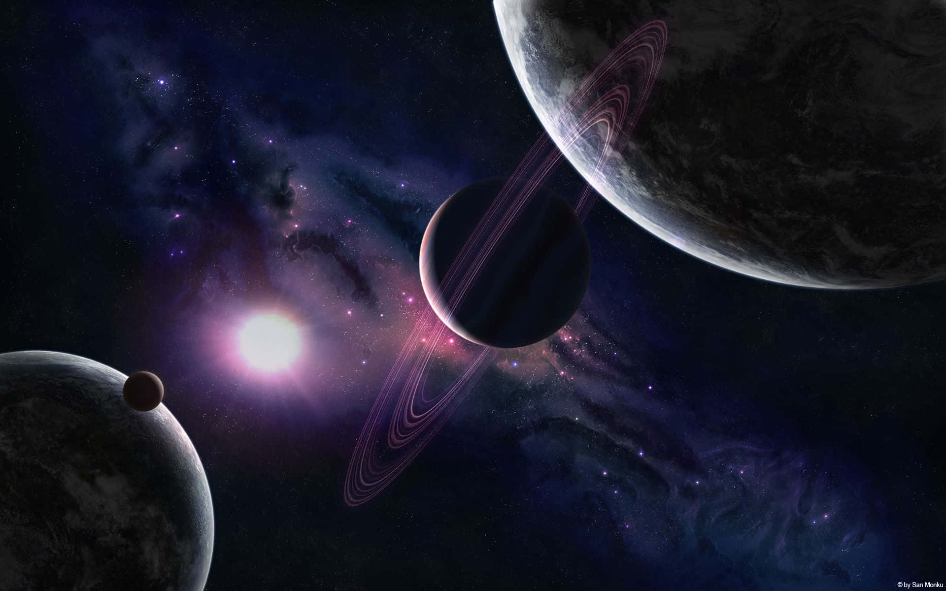 帶環的行星在色彩繽紛、充滿星雲的空間中圍繞一顆明亮的恆星運行。