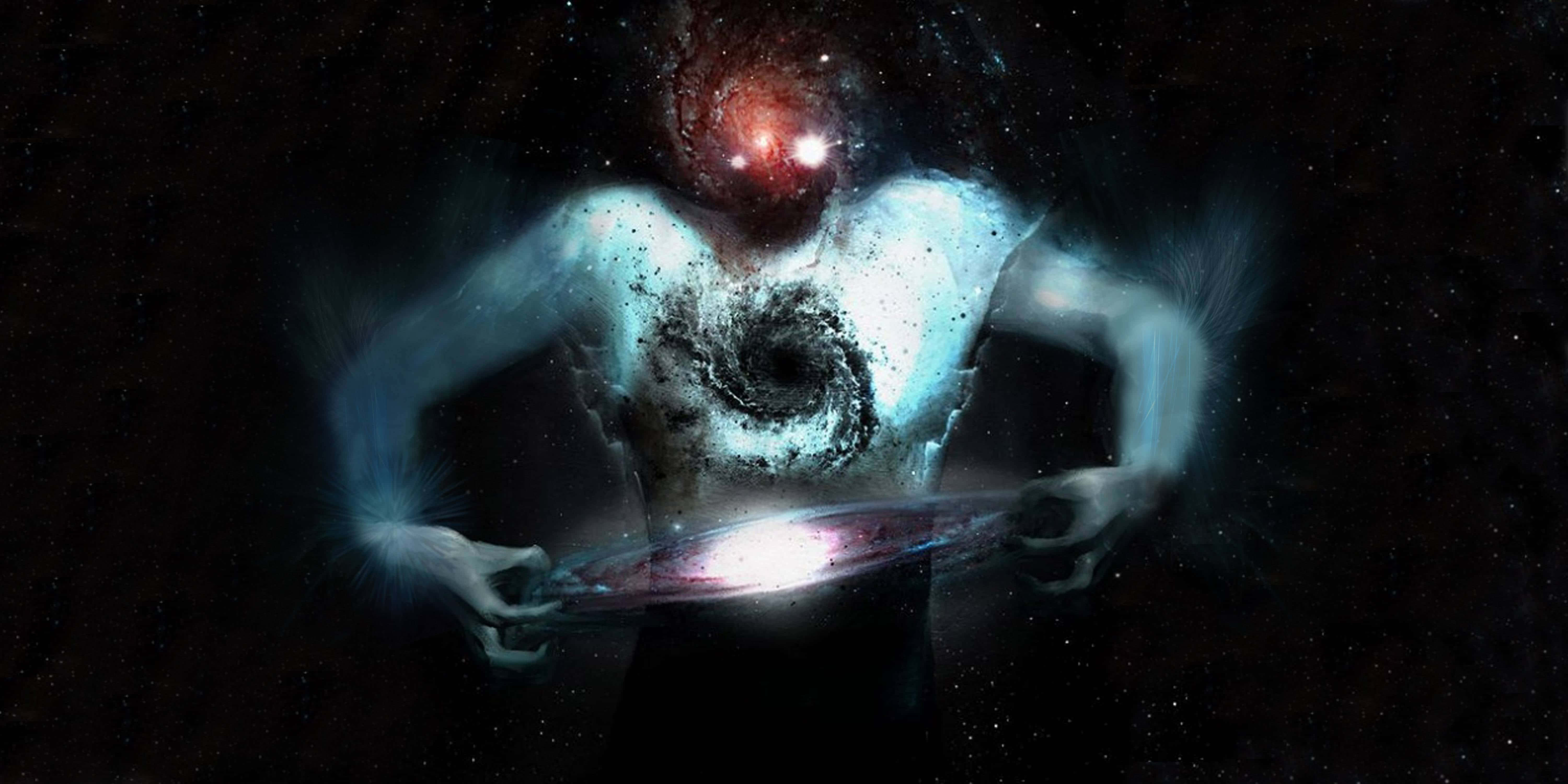 星系頭部恐懼頭像 壁紙 — 一個宇宙實體，擁有發光的紅色眼睛和旋轉的銀河軀幹，在繁星點點的虛空中手持一個發光的圓盤。