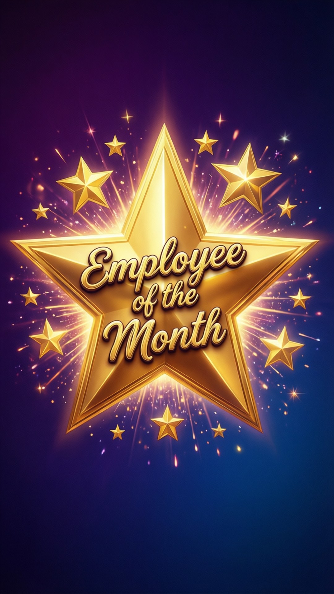 星級表現 壁紙 — 一個閃耀的金色星爆，帶有「Employee of the Month」文字，周圍環繞著閃爍的星星，背景為紫色和藍色漸變。