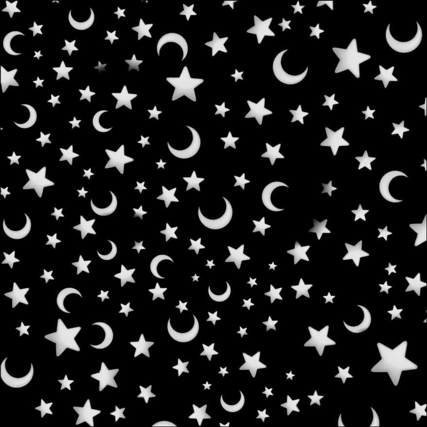星與月圖案 壁紙 — 黑色背景上散落著白色星星和彎月，形成天體圖案。