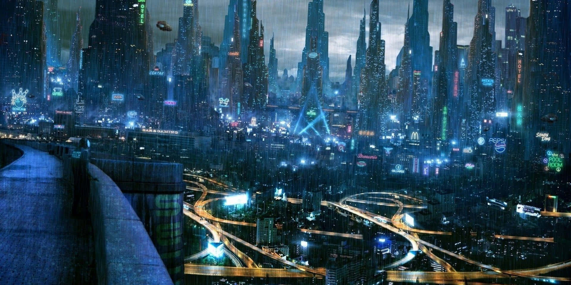 星號標誌未來城市圖 壁紙 — 雨濕的未來城市夜景，高聳的霓虹燈摩天大樓和發光的高速公路。