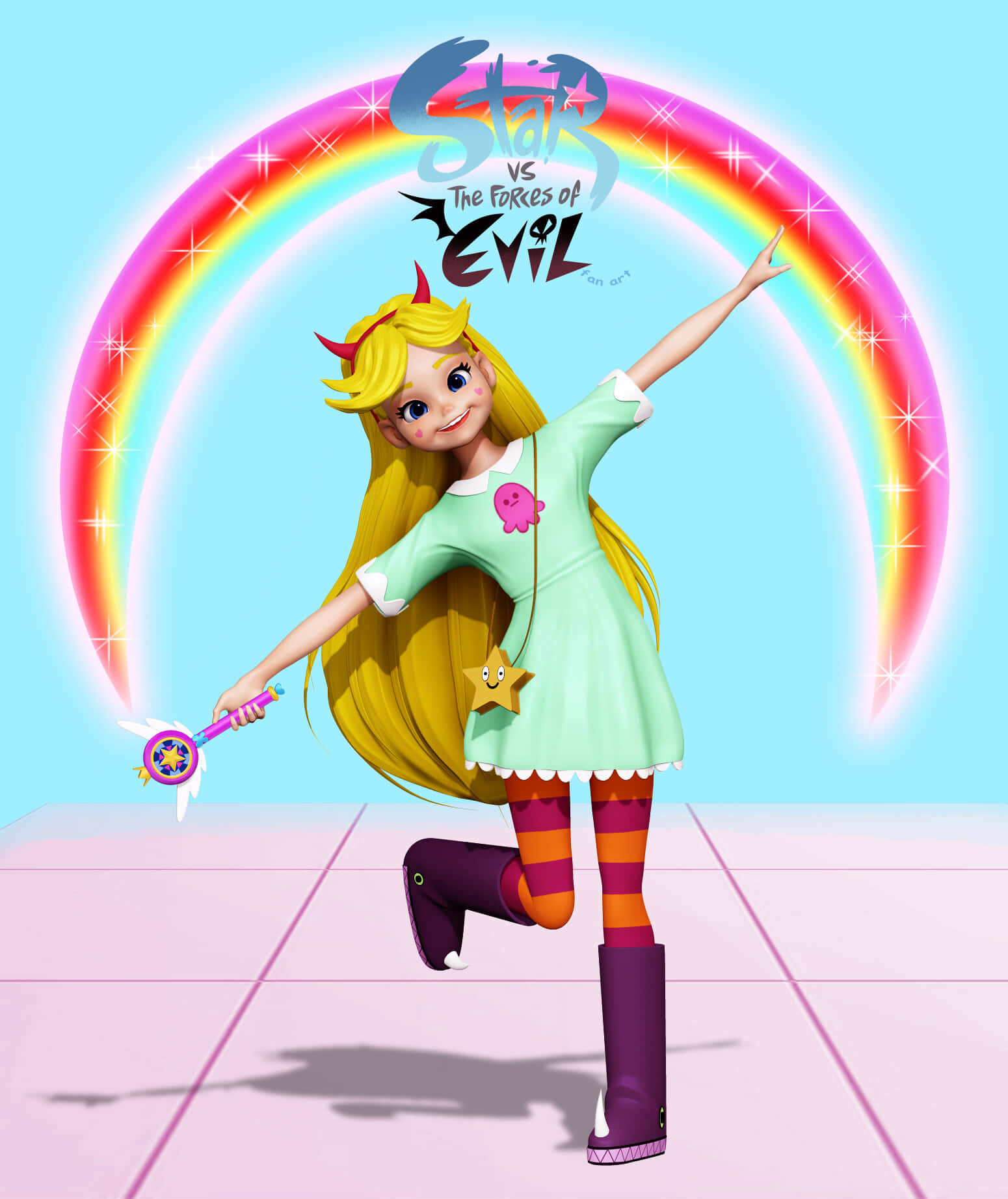 動畫女孩有惡魔角在彩虹下跳舞，手持魔法棒。