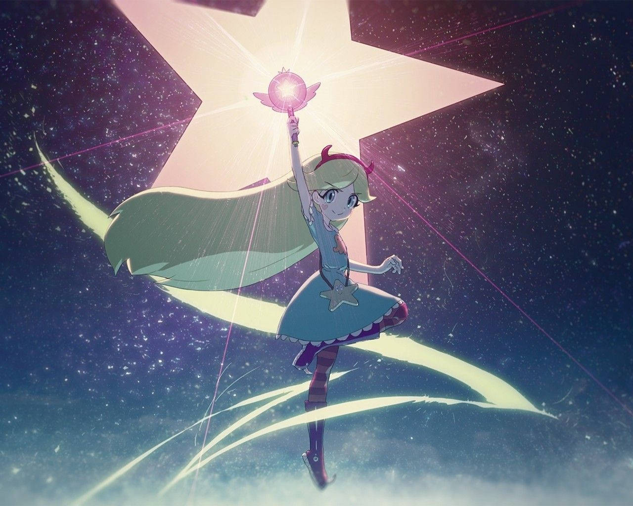 動漫女孩拿著發光的星星魔杖，在繁星點點的夜空中漂浮。