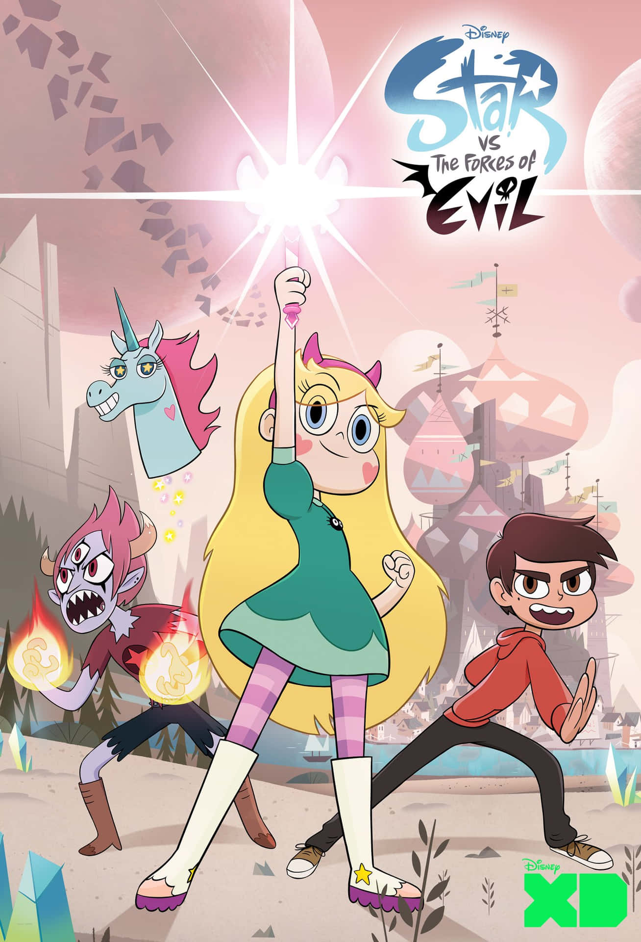 Star Butterfly 和朋友們在魔法背景前擺出動畫動作姿勢。