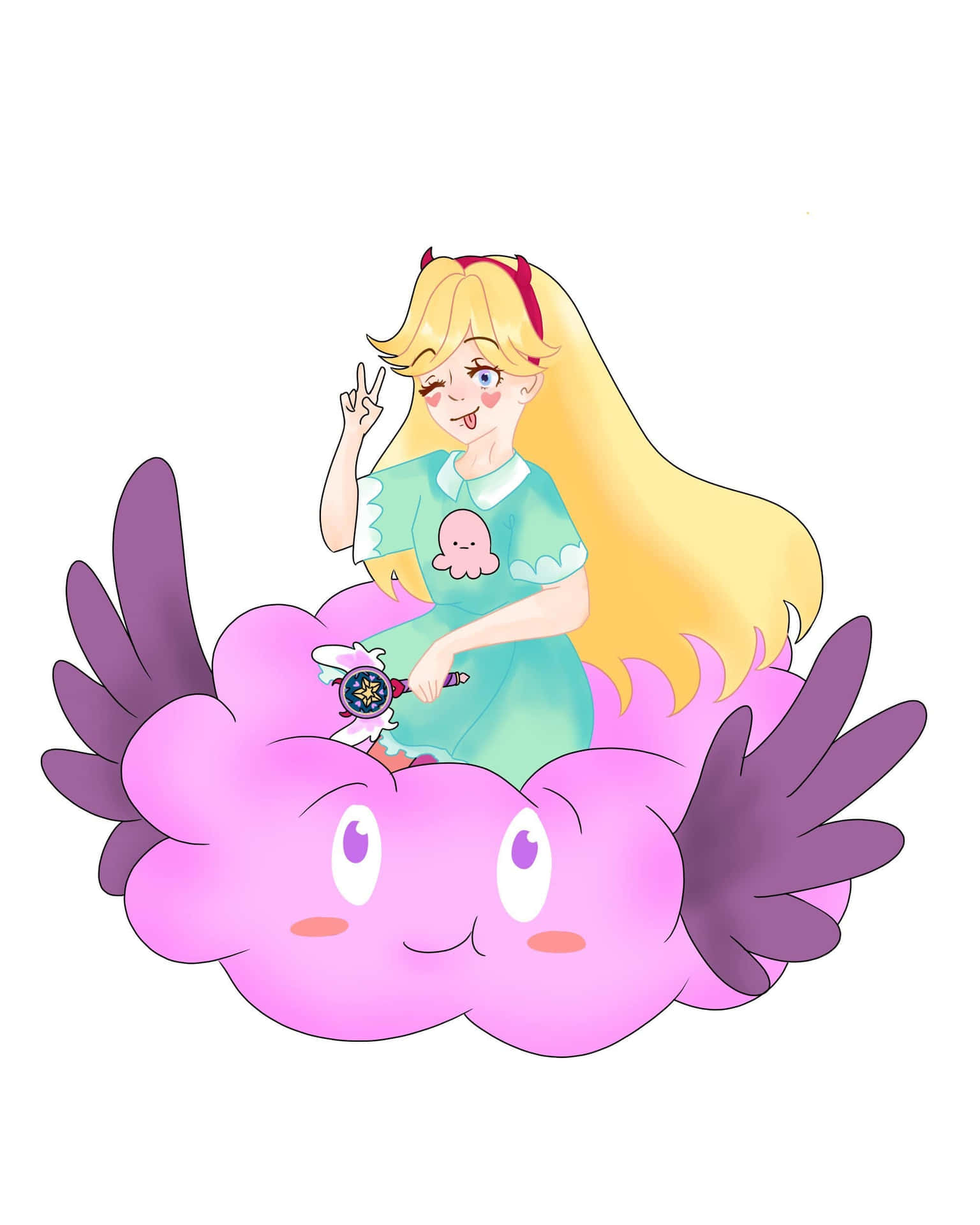 金髮動漫女孩坐在有紫色翅膀的粉紅色雲朵上，做出和平手勢。