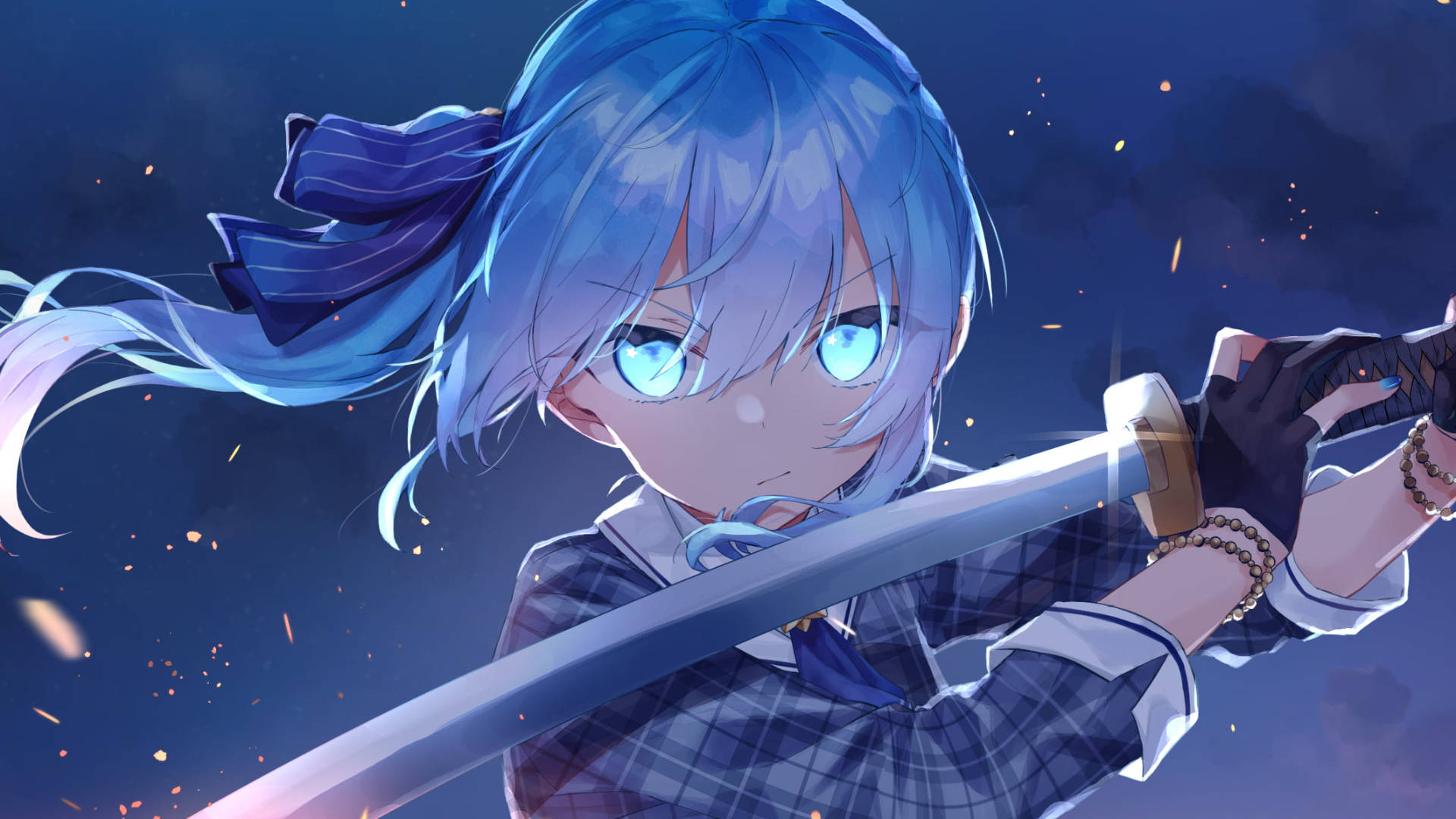 藍髮動漫少女穿著校服，在夜晚揮舞發光的劍。