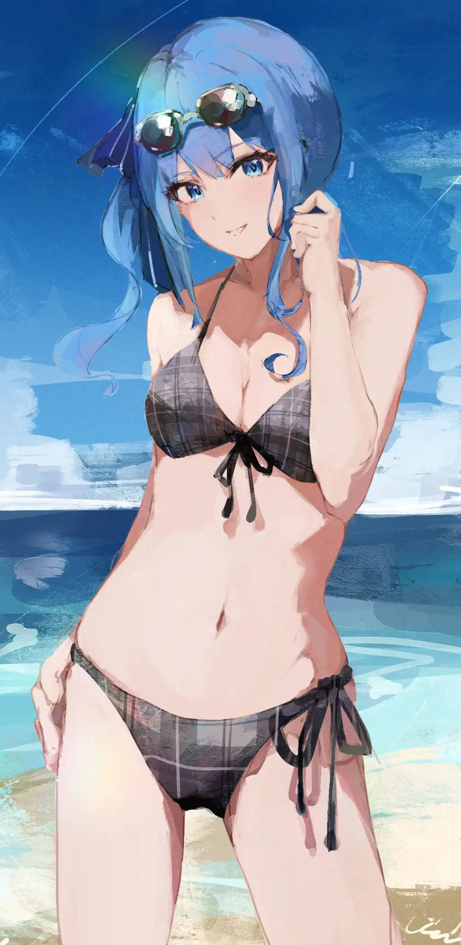 藍髮動漫女孩，格紋比基尼，陽光沙灘，太陽眼鏡。