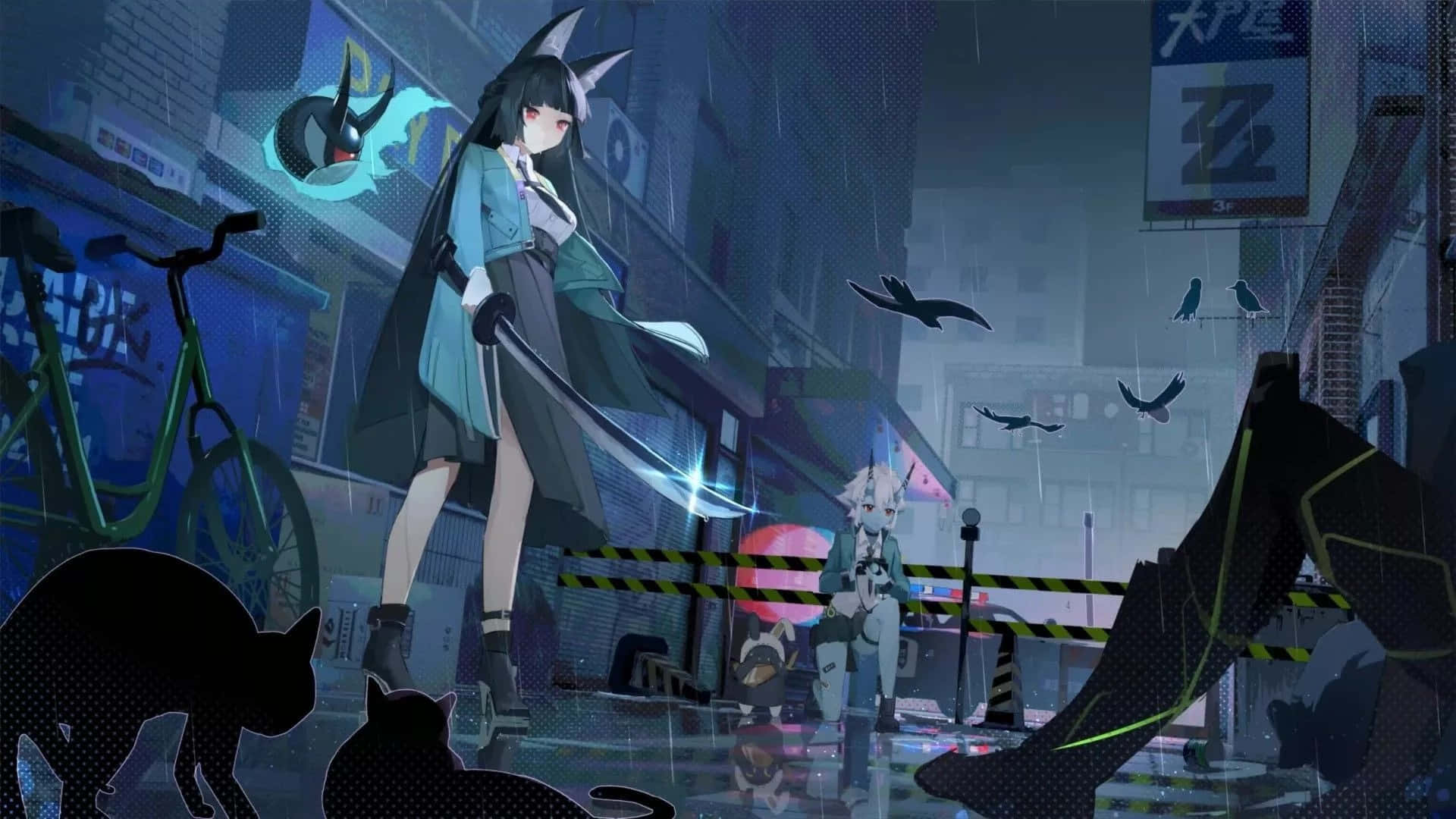 星見美羽夜景 壁紙 — 一個貓耳動漫女孩穿著青綠色外套，站在下雨的霓虹燈城市小巷中，有發光的招牌和貓的剪影。