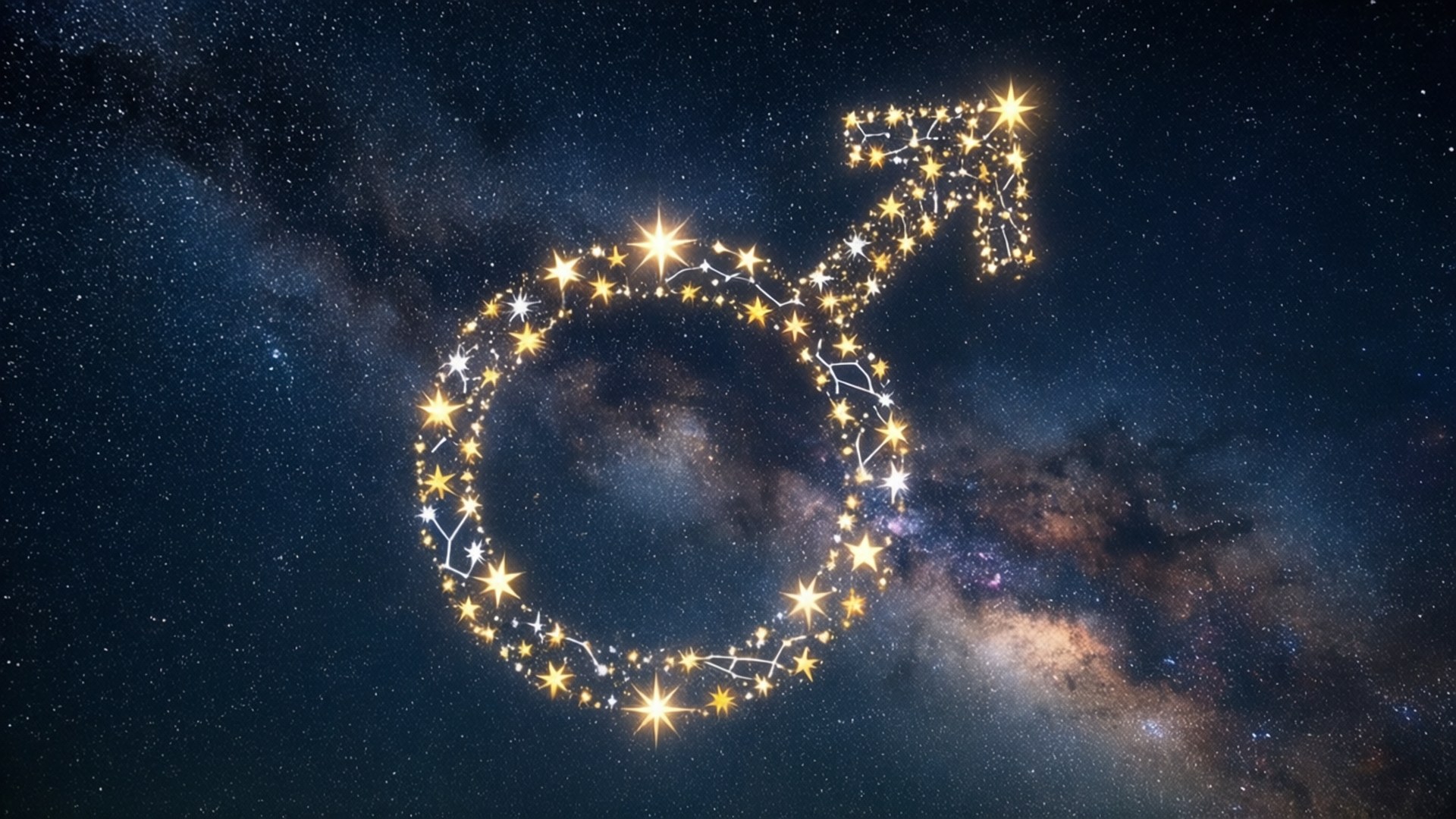 在星空夜空中由星星組成的男性占星符號。