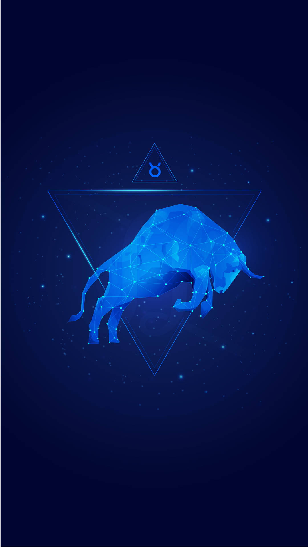在星空背景上，三角形內的藍色幾何金牛座。