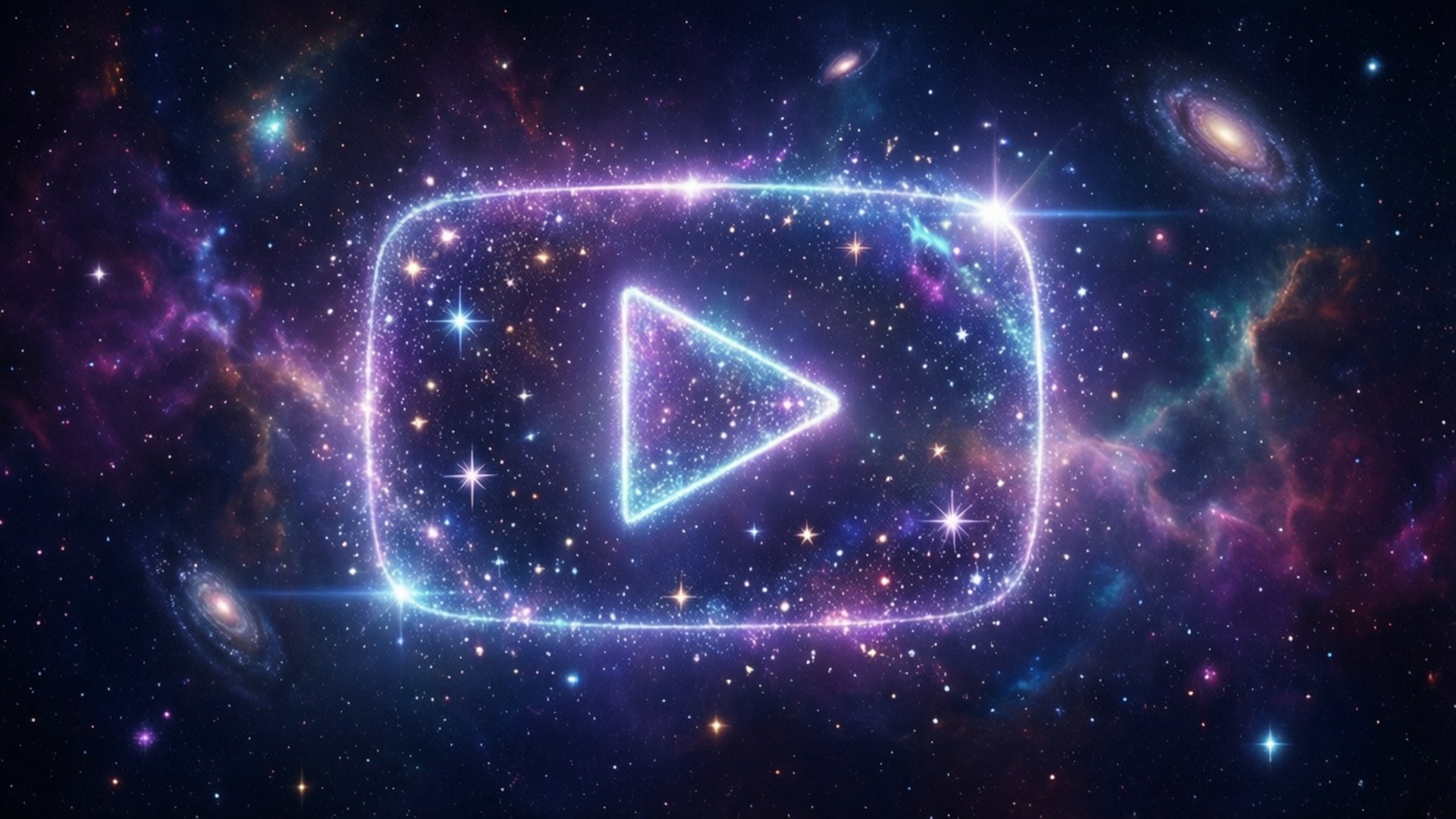 星辰播放鍵 壁紙 — 一個發光的YouTube播放按鈕圖示漂浮在充滿活力的宇宙星雲和遙遠星系之間。