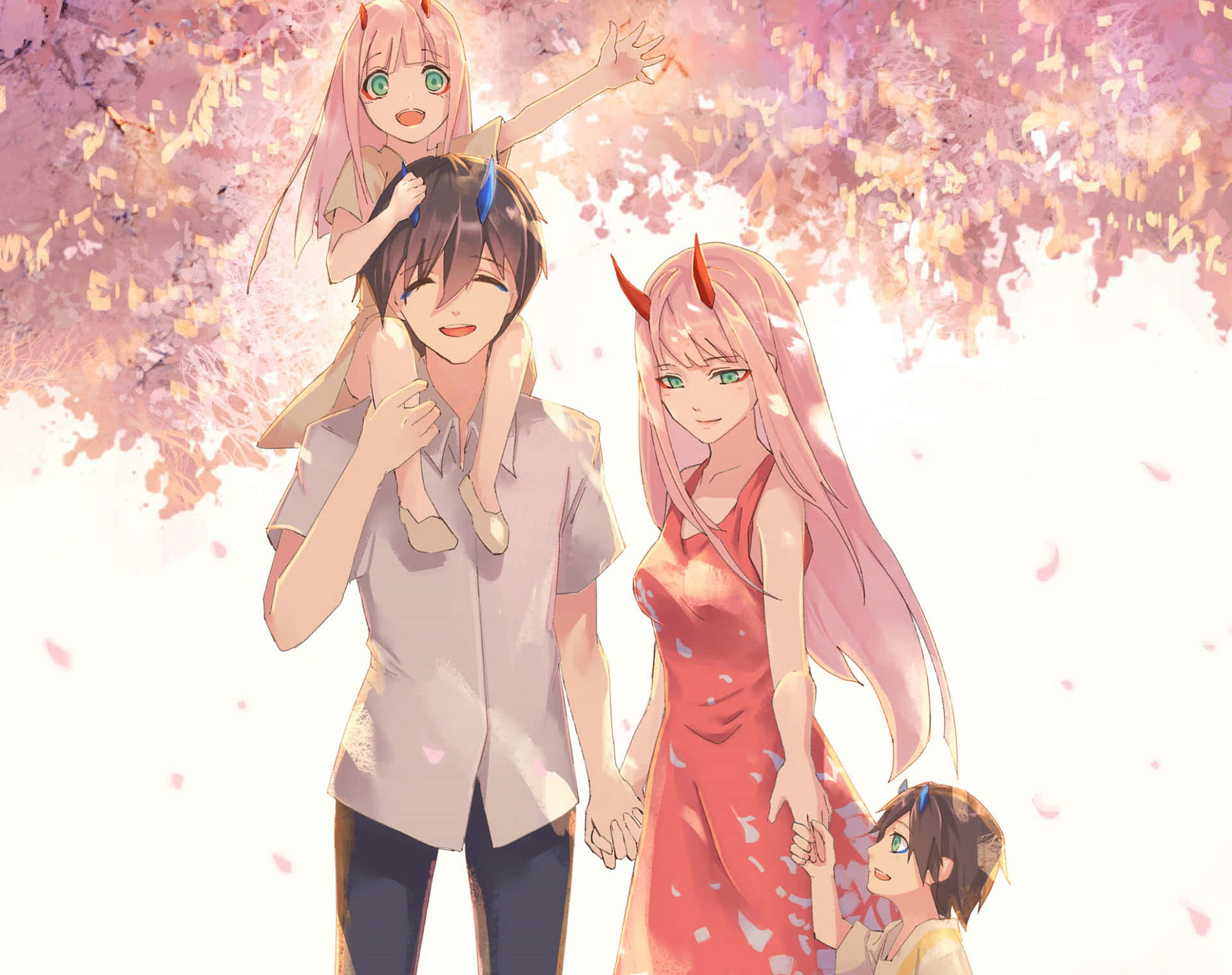 星辰為伴，駕駛員與FranXX飛越天際 壁紙 — 一個快樂的動畫四口之家站在盛開的櫻花樹下，粉紅色的花瓣在他們周圍飄浮。