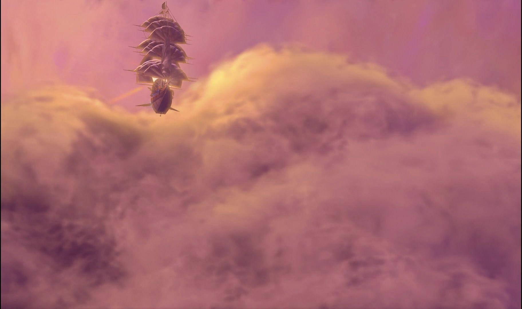 星銀島：R.L.S.遺產號穿雲飛行 壁紙 — 一艘雄偉的帆船，船帆閃閃發光，在黃昏時分飄過柔和的紫色和金色雲層。