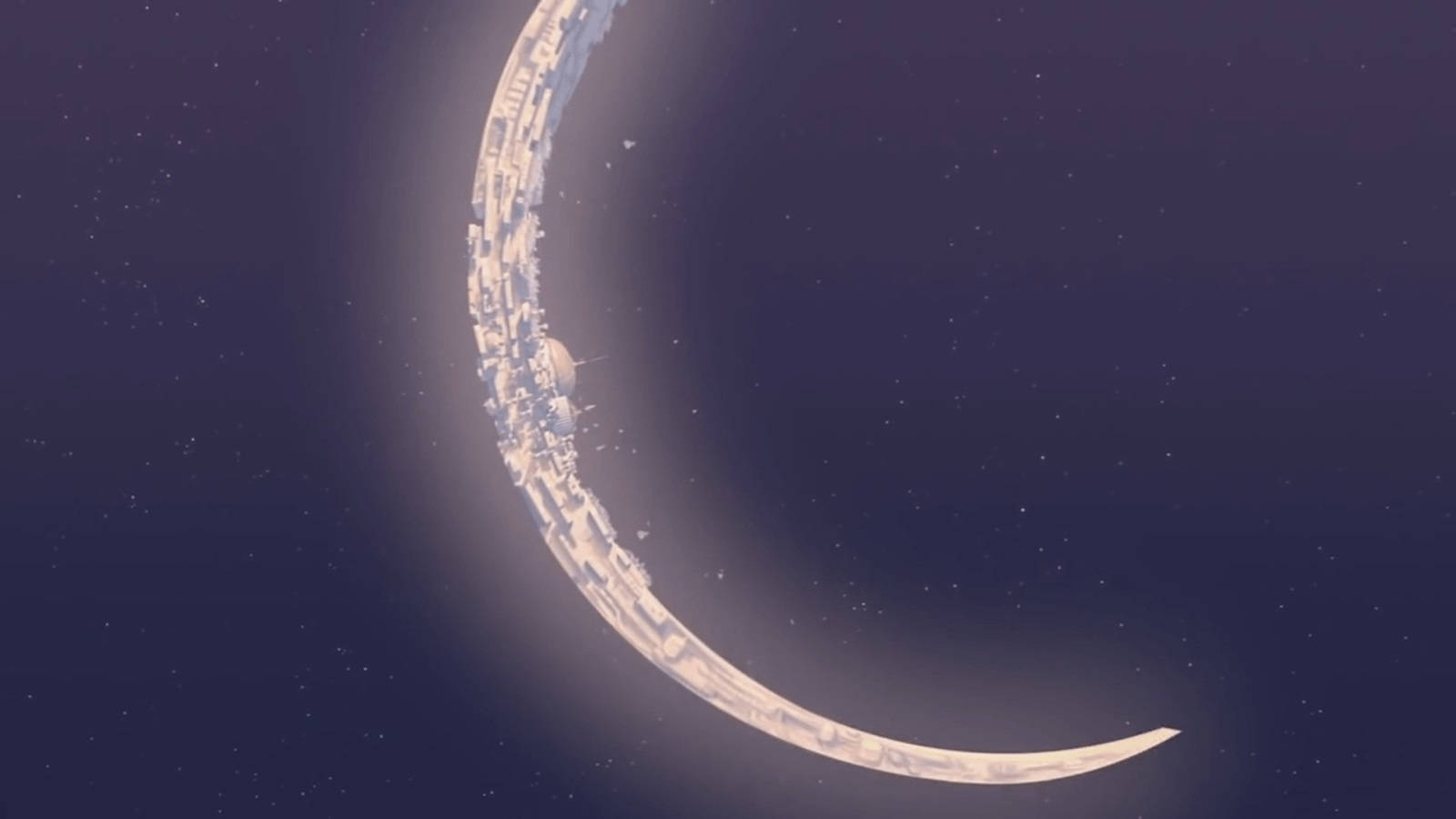 星銀島：彎月站 壁紙 — 一彎新月在繁星點點的夜空下柔和地發光，彎曲的邊緣周圍散發著光暈。