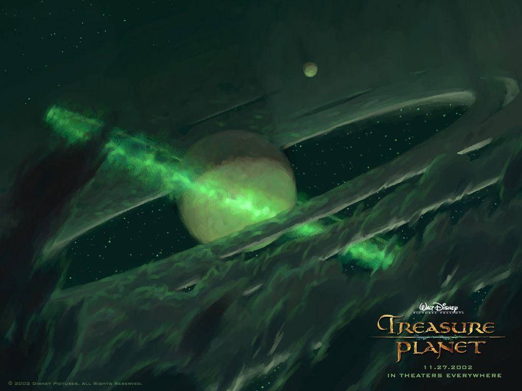 星銀島：發光星球 壁紙 — 一顆帶有光環的發光綠色行星在迪士尼動畫電影海報中，飄過佈滿星空的宇宙虛空。