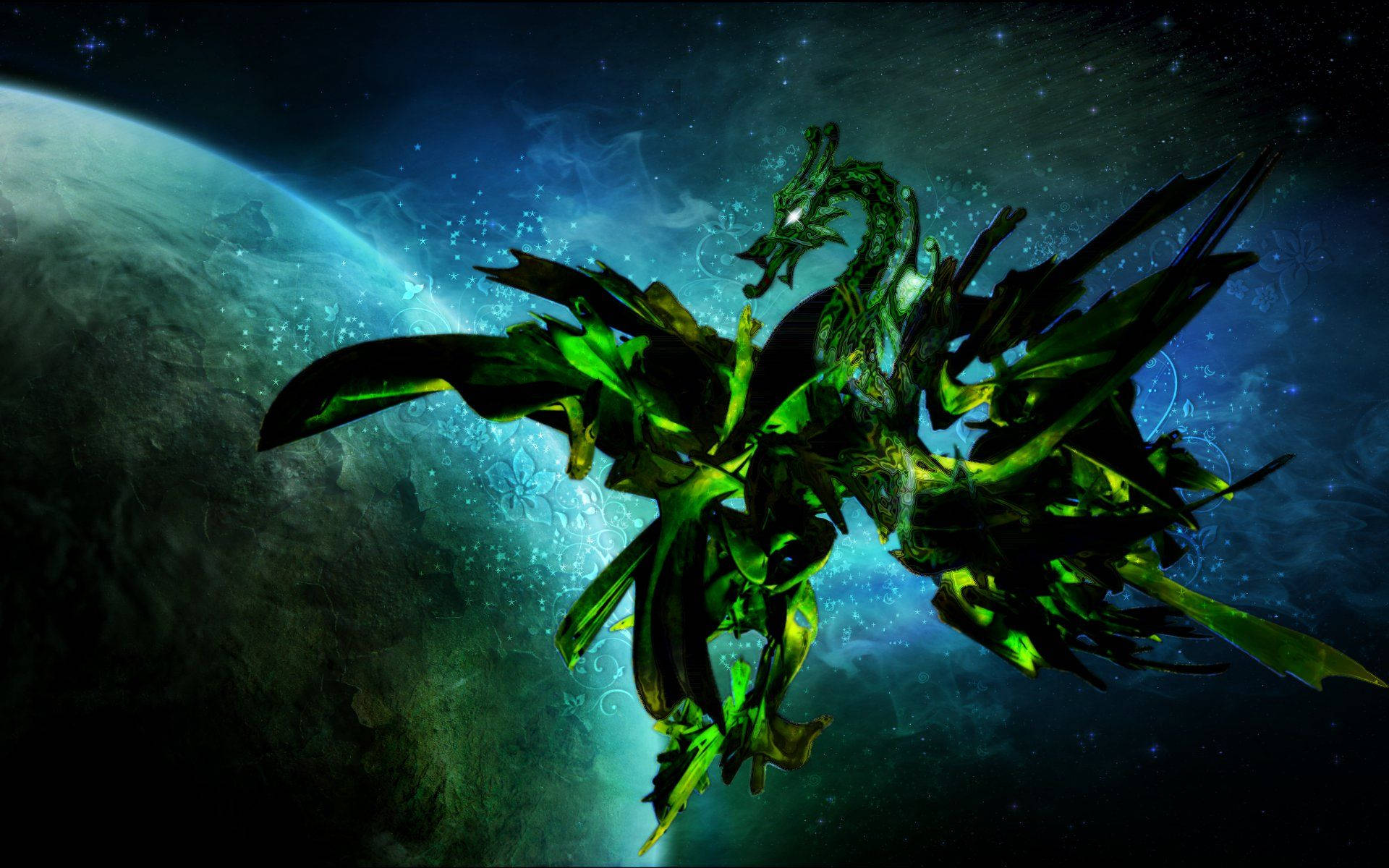 星際中國地龍 壁紙 — 一條發光的綠色龍在星空翱翔，旁邊是一顆帶有旋轉星雲的藍色行星。